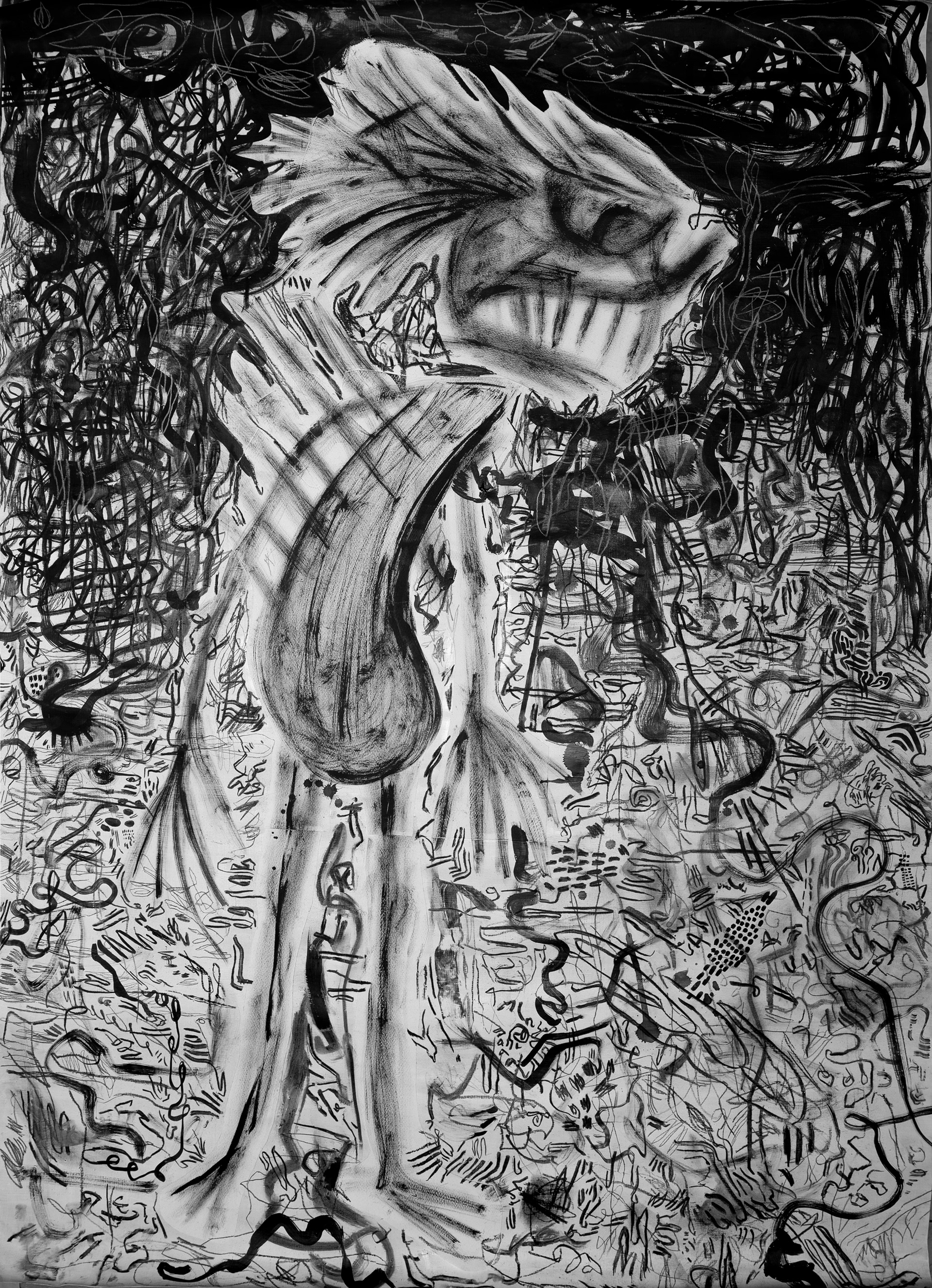 SLEEP PARALYSIS Series Sister goes to Hell tinta, carbonilla, grafito y colagge sobre papel 120x85cm