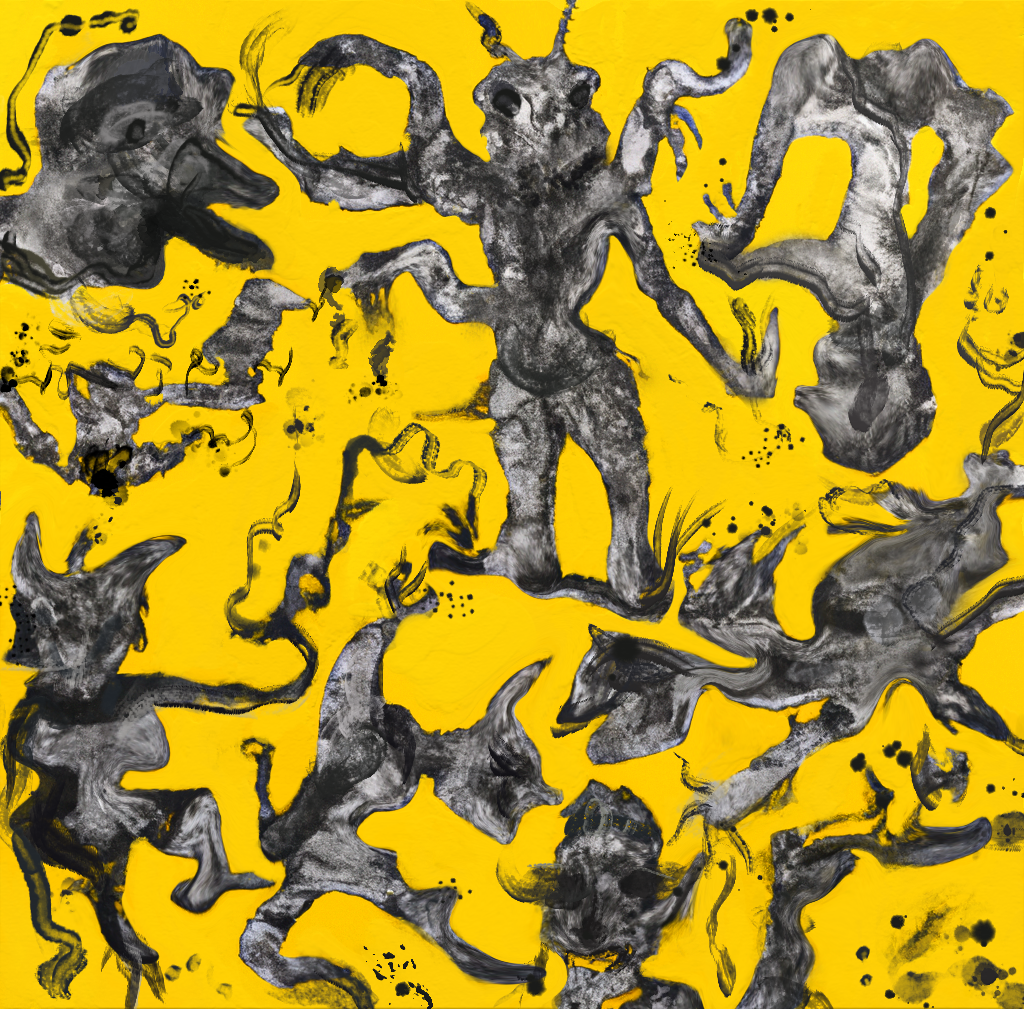 Dancing with my monsters An experimental drawing created wiith AI trained with my own drawings and reworked digitally 6000 x 6000 px 2023
