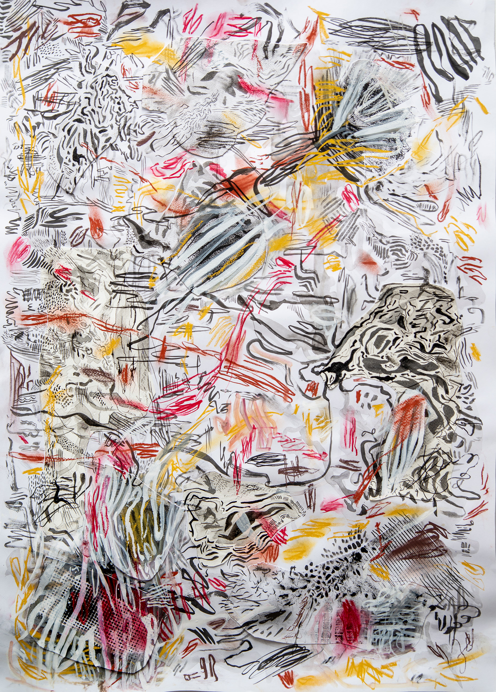 Paradise. Tinta, collage, monocopia y pastel sobre papel. 50 cm x 70 cm 2021