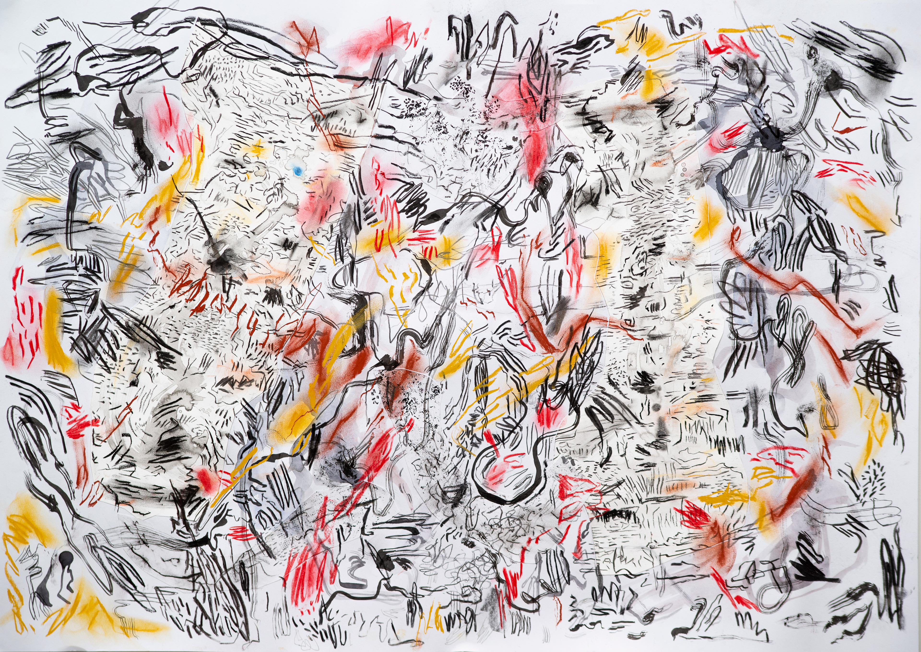 Messy Tiza pastel tinta, grafito y collage sobre papel 300 grs 50 cm x 70 cm 2021