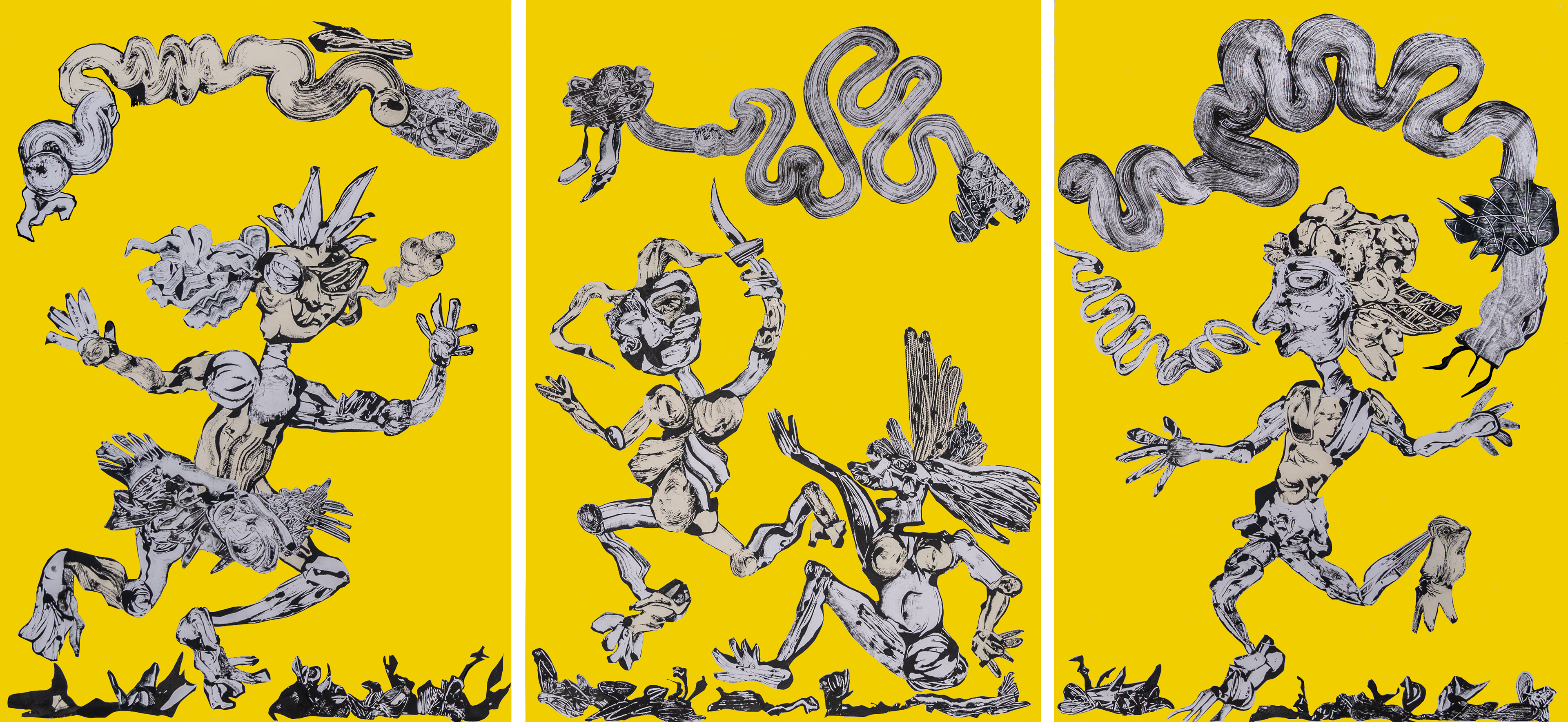 El Infierno de los vivos Tríptico realizado con collage de monocopias 150 cm x 70 cm 2023