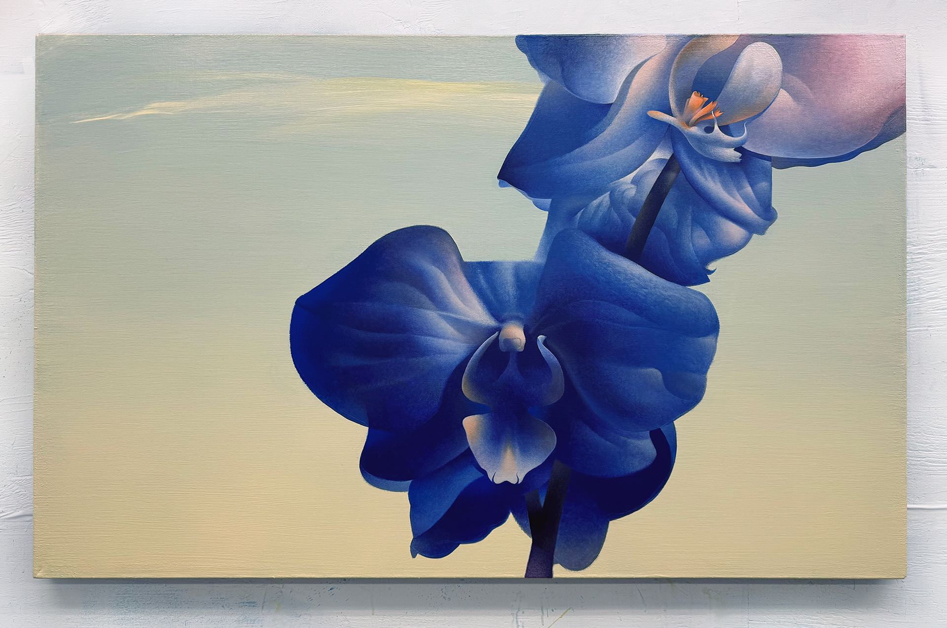 Mid morning sun in a gradient of light blue to pale yellow supports the blue orchid in the foreground. Acrylic and mediums on stretched linen support.