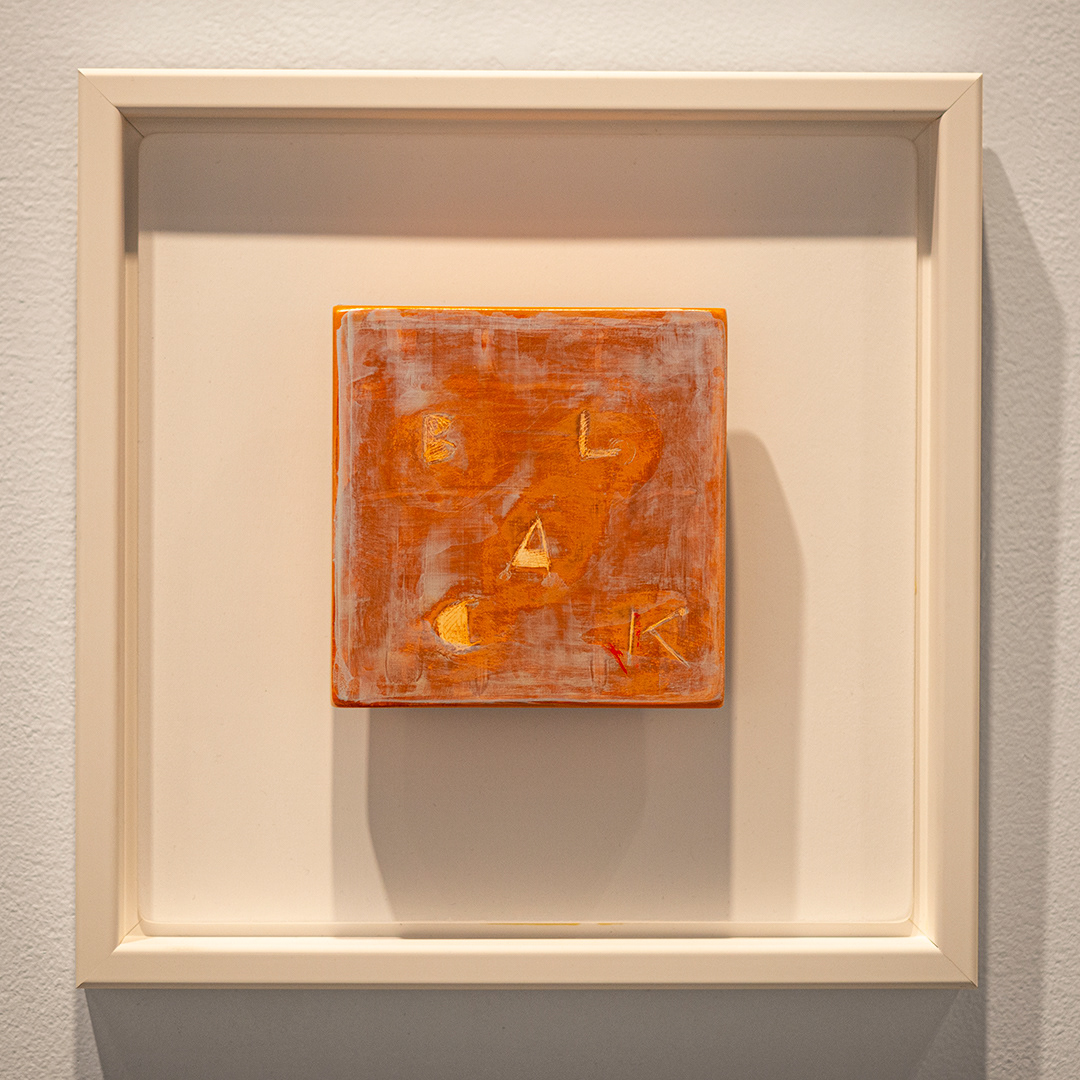 John Breakey Two Person Show. Eleven Color Names. Black; 2015-2018 Etched acrylic and mediums on painted and floating wood support. Hatch Gallery; 2018, sold to a private collector, signed inverso