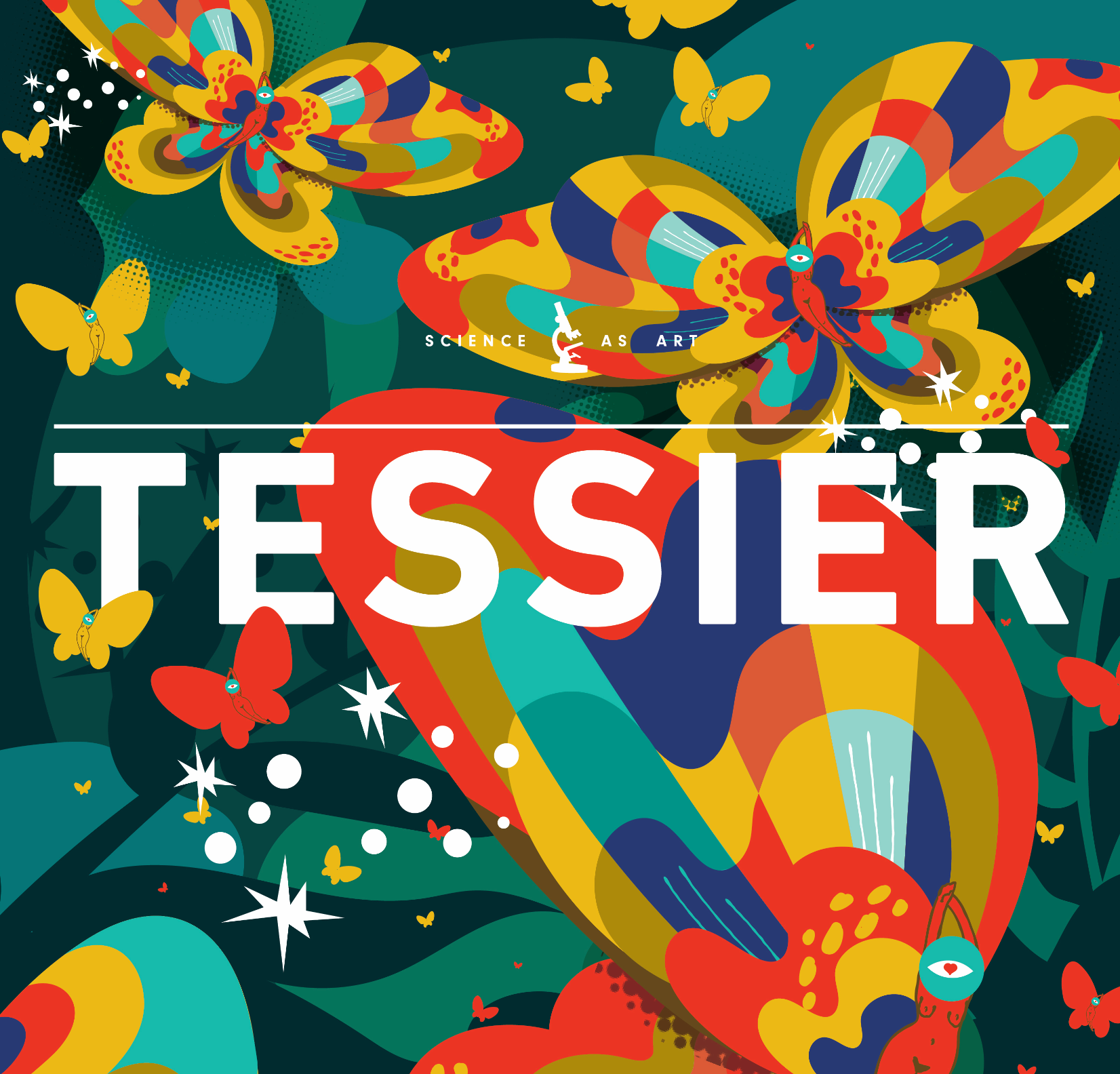 Illustration of vibrant butterfly with multi-colored wings and woman with eye for head, cluster of butterlfies