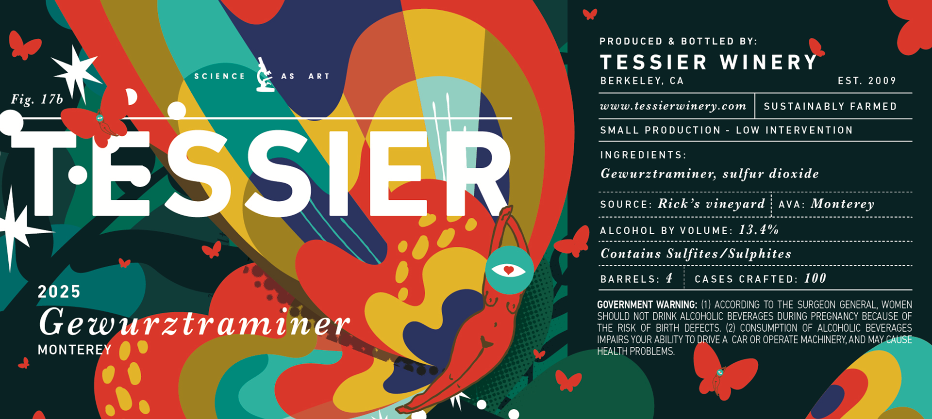 Wine label for Tessier Winery with a bunch of colorful butterflies in flight
