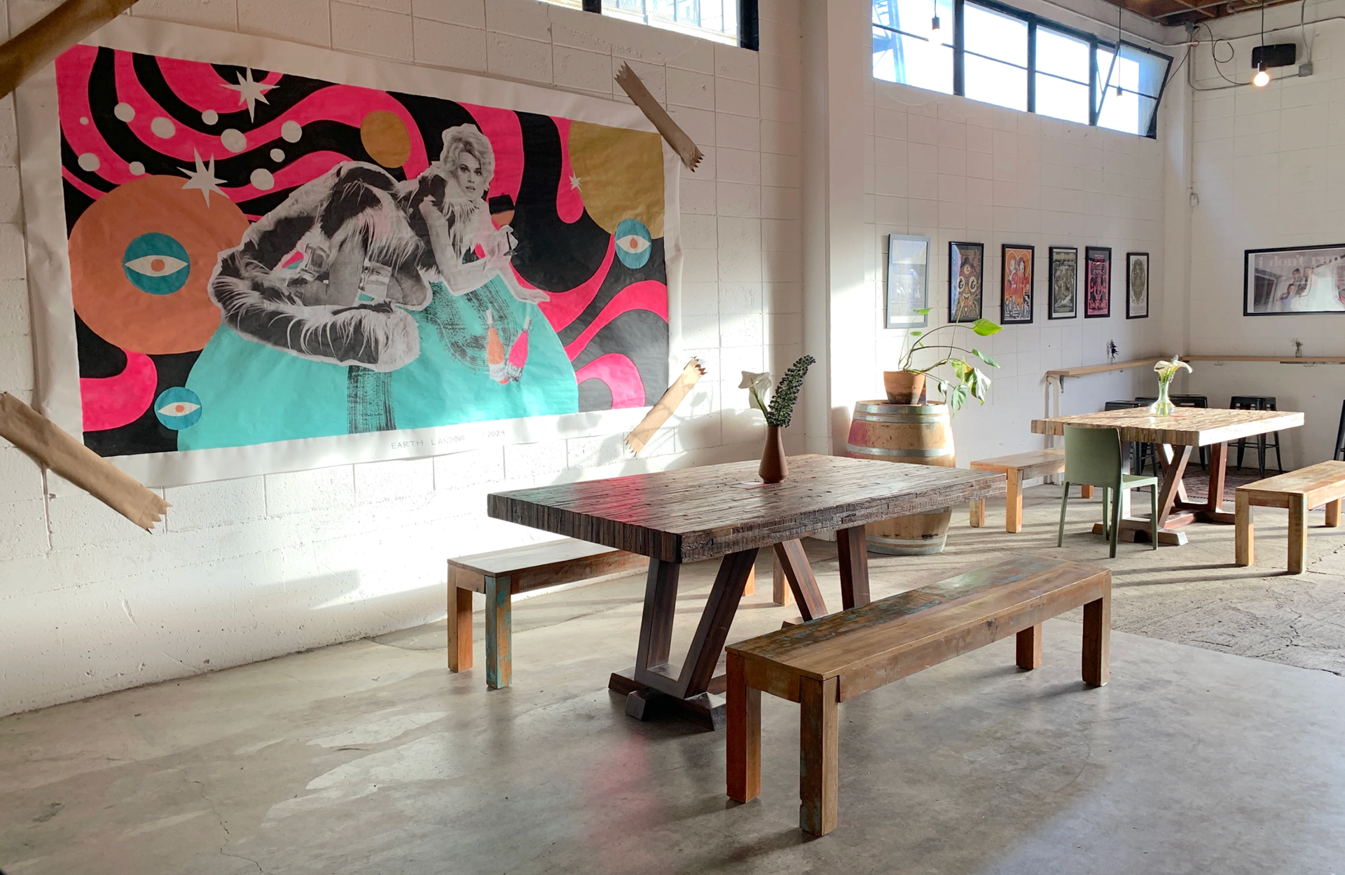 Indoor mural collage of paint, photo, and different texures