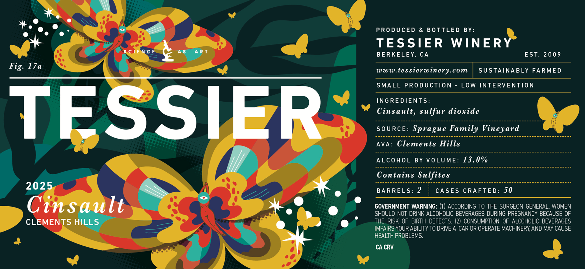 Wine label for Tessier Winery with a bunch of colorful butterflies in flight