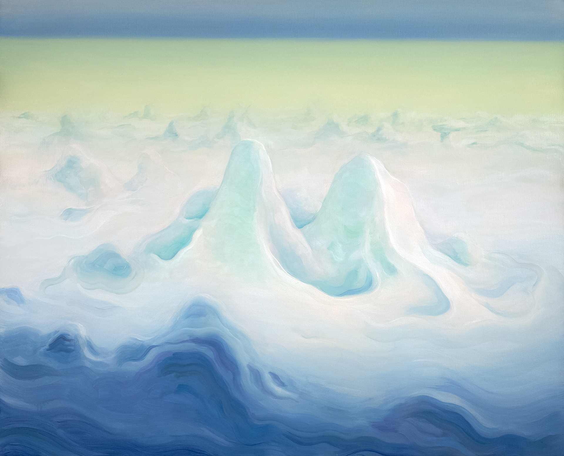 Oil painting of two pale turquoise ice mounds emerging from soft white drifts above deep blue water under a green-to-blue horizon.
