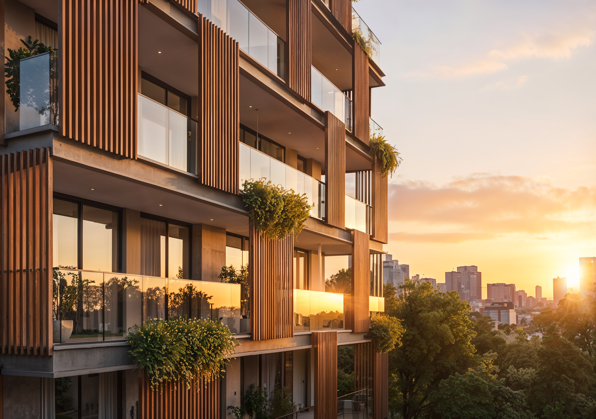 Maquete eletrônica de fachada de edifício de luxo com brises de madeira, jardins suspensos e reflexo do pôr do sol nos vidros - Residencial RJ | Studio BeRender