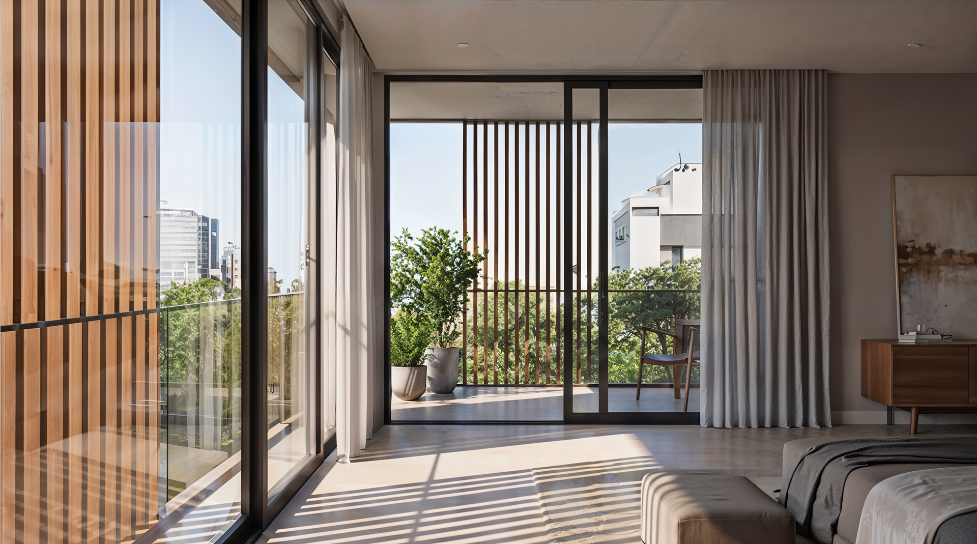 Maquete eletrônica de interior de sala de estar clara integrada à varanda com vista para a cidade - Residencial RJ | Studio BeRender