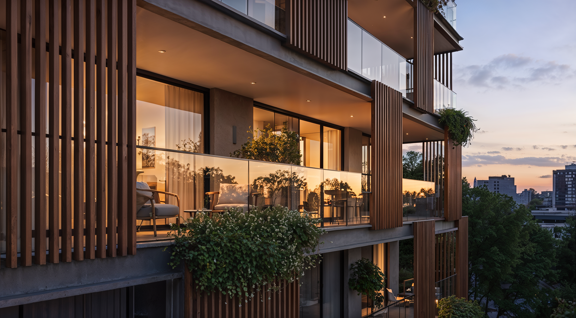 Maquete eletrônica de fachada de prédio de luxo com forte reflexo do sol nos vidros ao entardecer - Residencial RJ | Studio BeRender