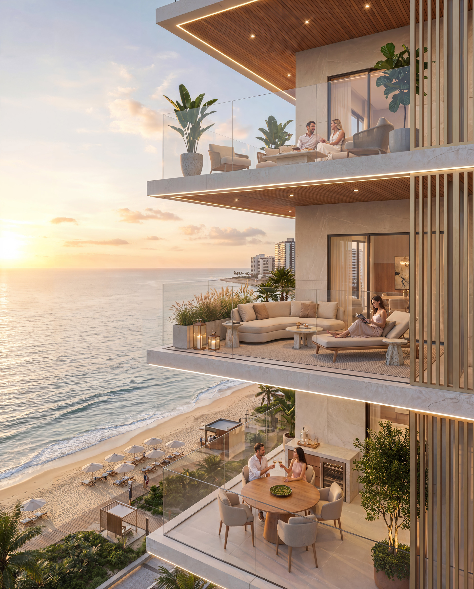 Visualização arquitetônica de fachada residencial de luxo com terraços vista mar e pôr do sol - Lumina Sea View Itapema | Studio BeRender