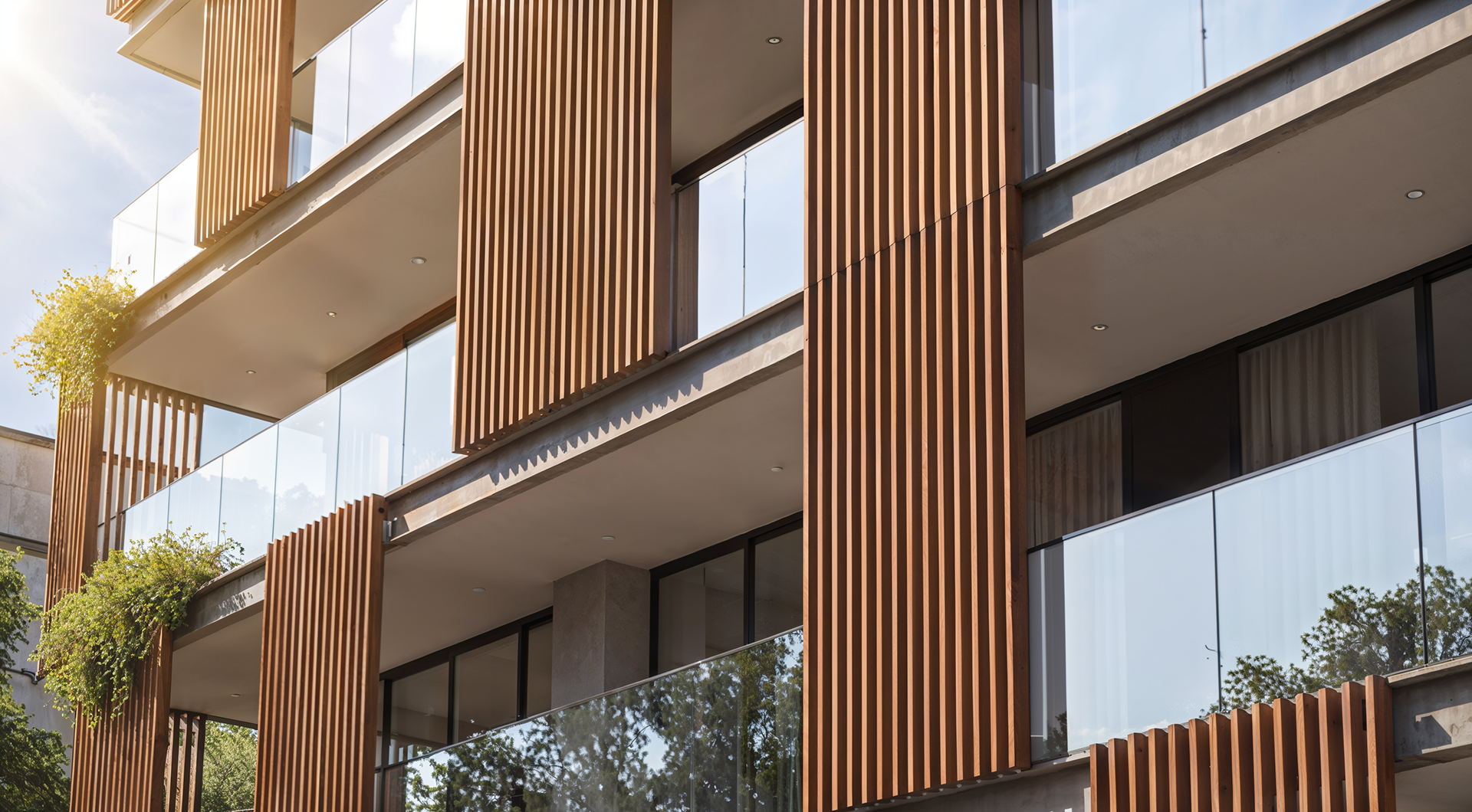 Perspectiva 3D de fachada de edifício com brises verticais em madeira e vegetação integrada durante o dia - Residencial RJ | Studio BeRender