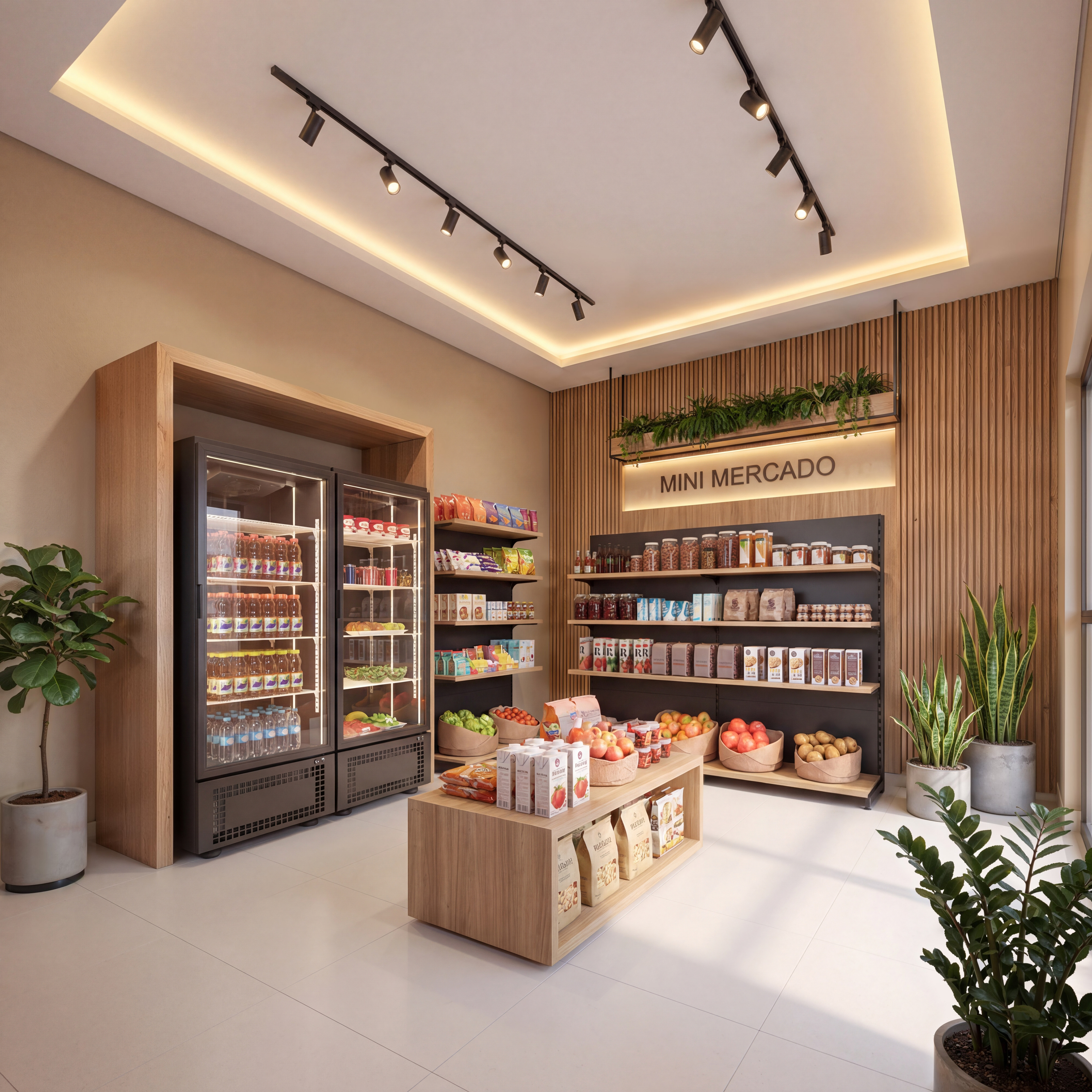 Maquete eletrônica de mini mercado autônomo em condomínio de luxo com prateleiras de madeira, geladeiras expositoras e iluminação em trilho - Lumina Sea View Itapema | Studio BeRender