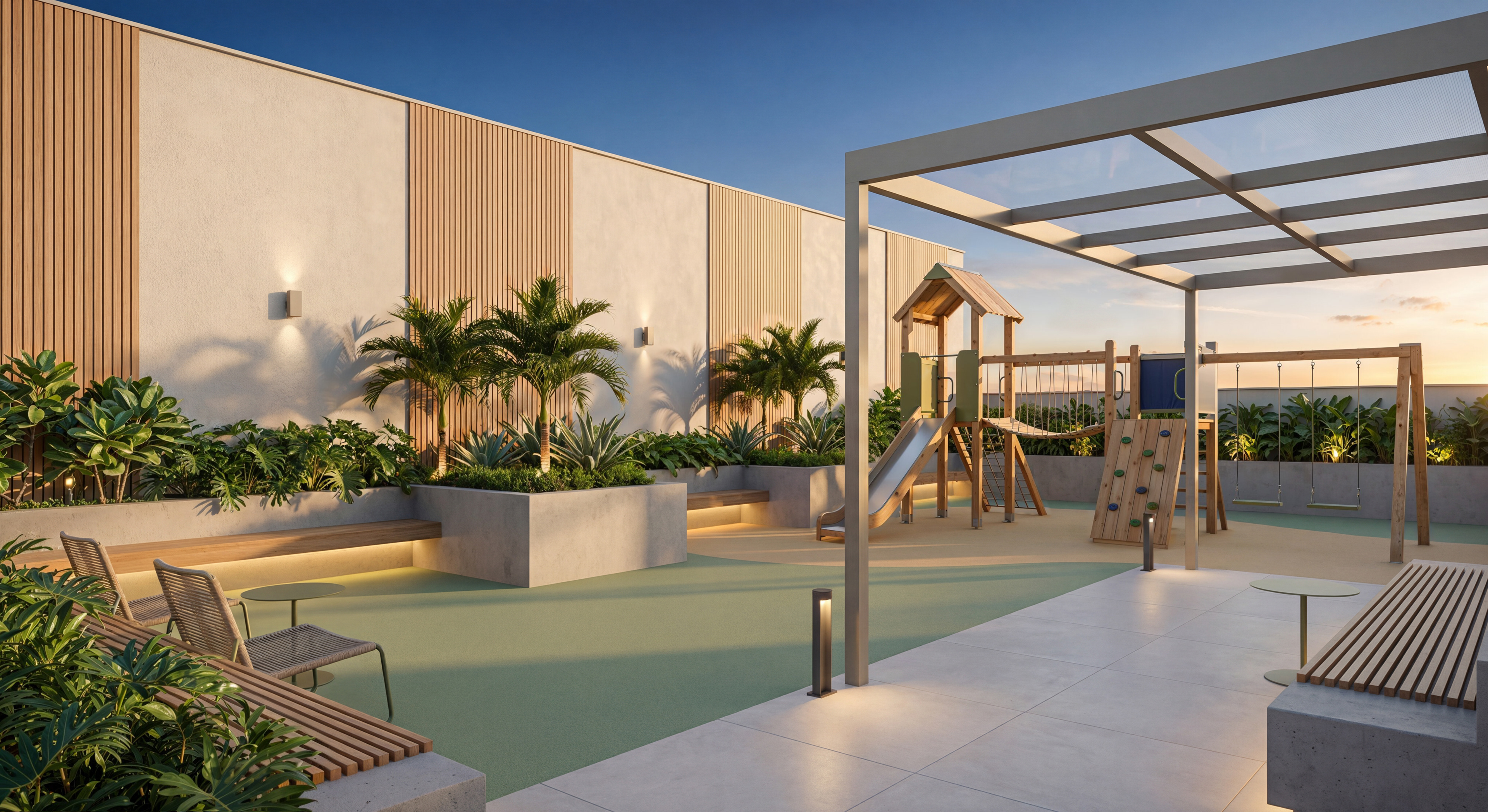 Maquete eletrônica de playground externo em condomínio com piso emborrachado, brinquedos de madeira, área de descanso e paisagismo ao pôr do sol - Lumina Sea View Itapema | Studio BeRender