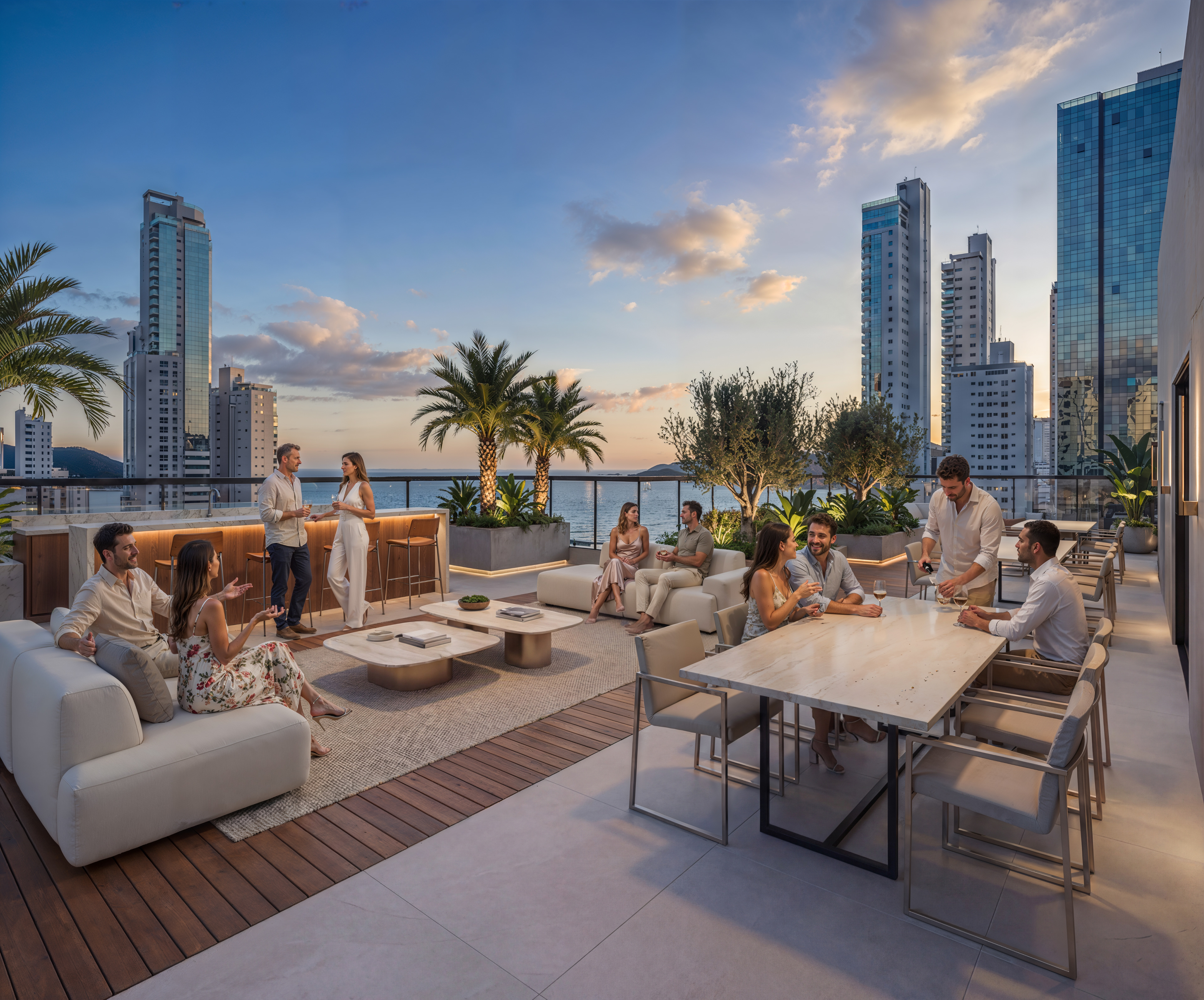 Maquete eletrônica de rooftop de luxo ao pôr do sol com pessoas interagindo, bar gourmet, lounges externos, iluminação aconchegante e vista para skyline urbano | Studio BeRender