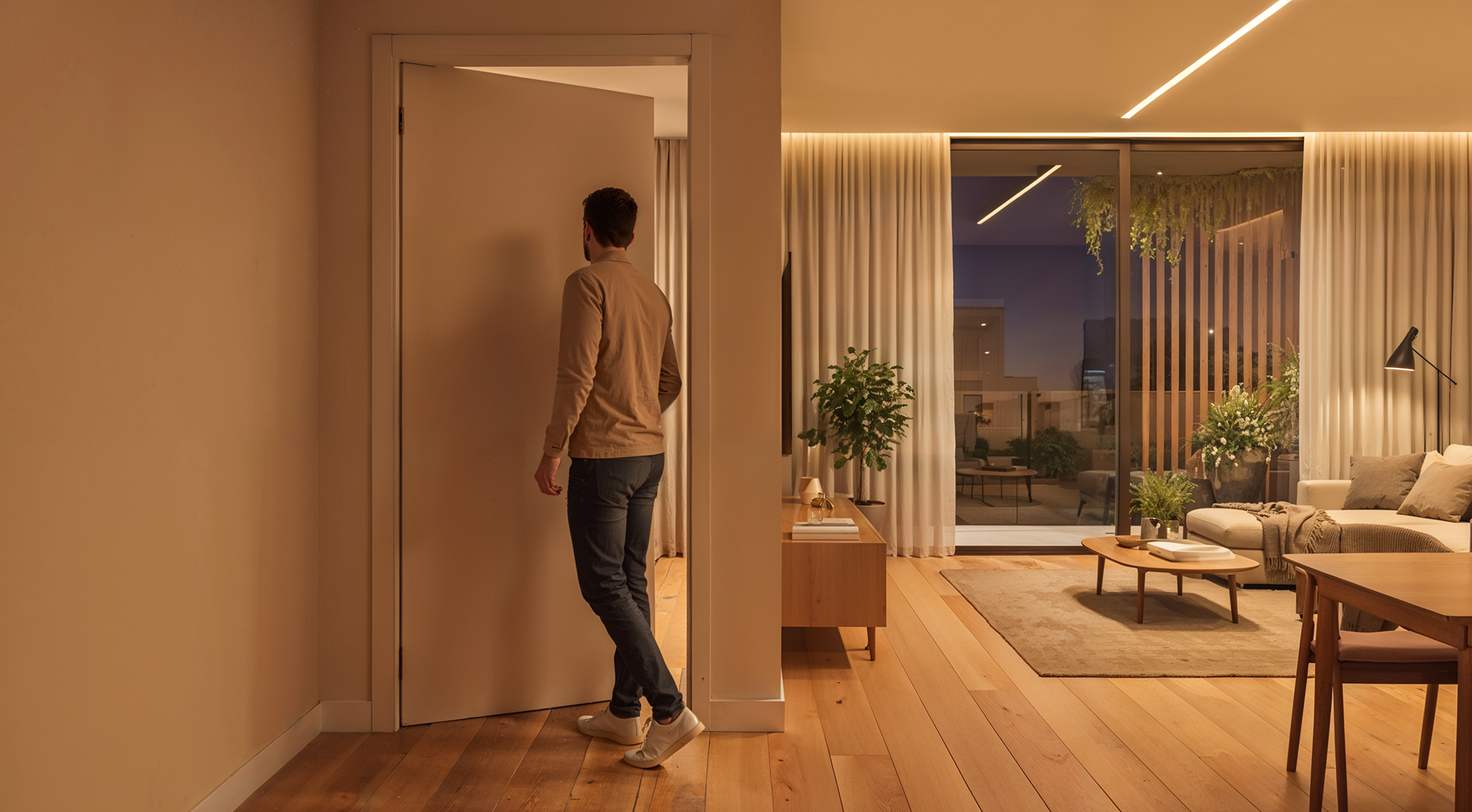 Visualização 3D de interior de apartamento com iluminação noturna aconchegante e homem abrindo porta - Residencial RJ | Studio BeRender