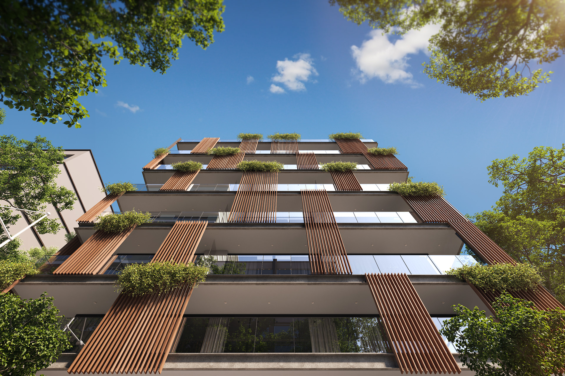 Maquete eletrônica de fachada de edifício contemporâneo com brises de madeira, floreiras suspensas e céu azul - Residencial RJ | Studio BeRender