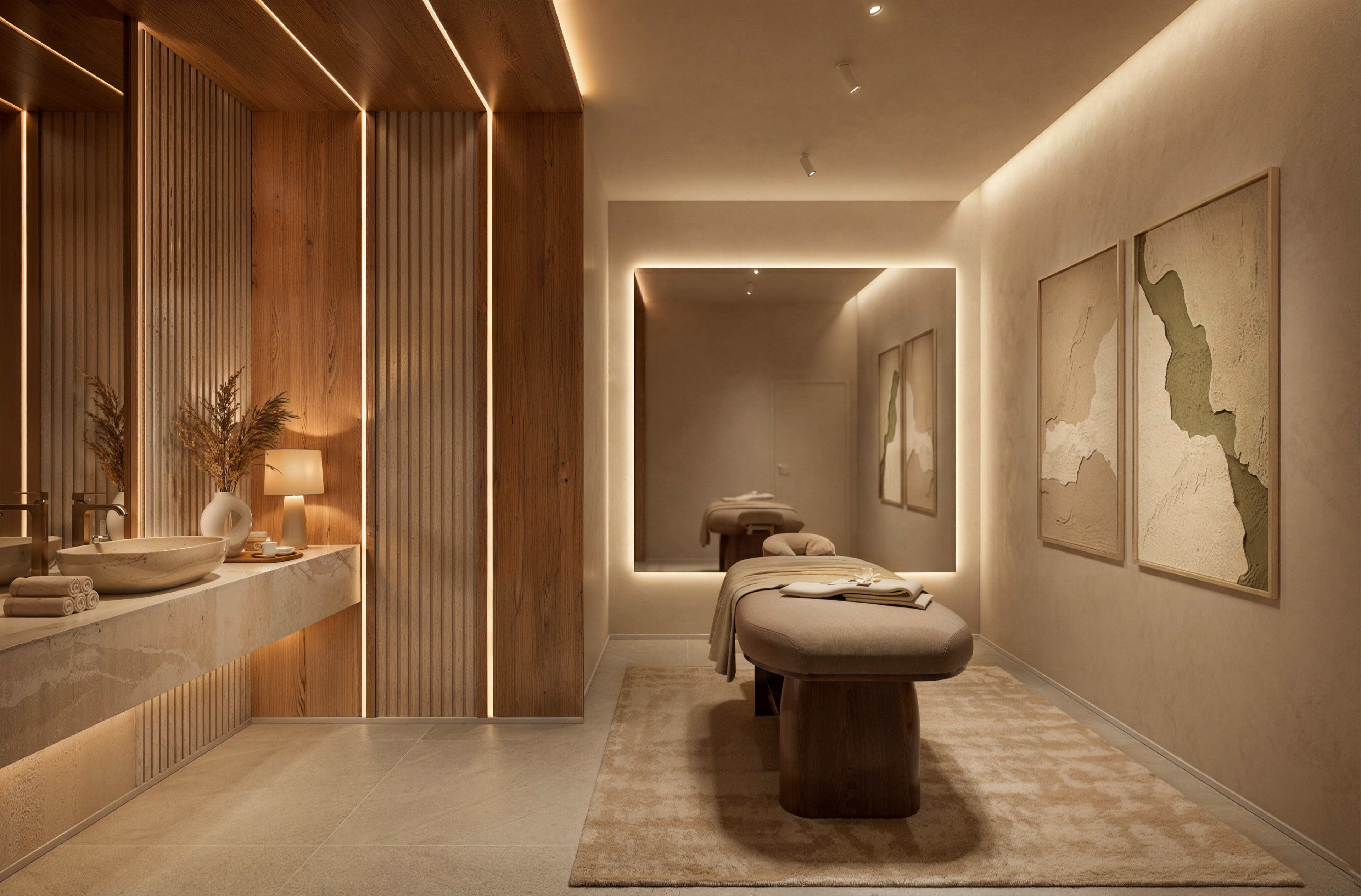 Render 3D de sala de massagem em spa de luxo com detalhes em madeira ripada e iluminação embutida - Lumina Sea View Itapema | Studio BeRender