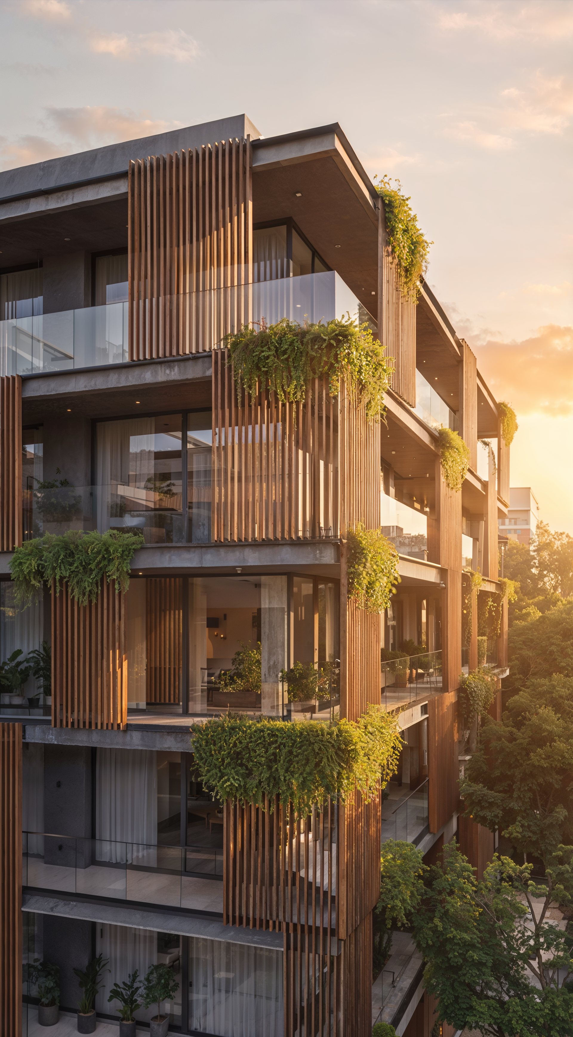 Maquete eletrônica de fachada de edifício residencial de esquina com brises de madeira e paisagismo urbano - Residencial RJ | Studio BeRender