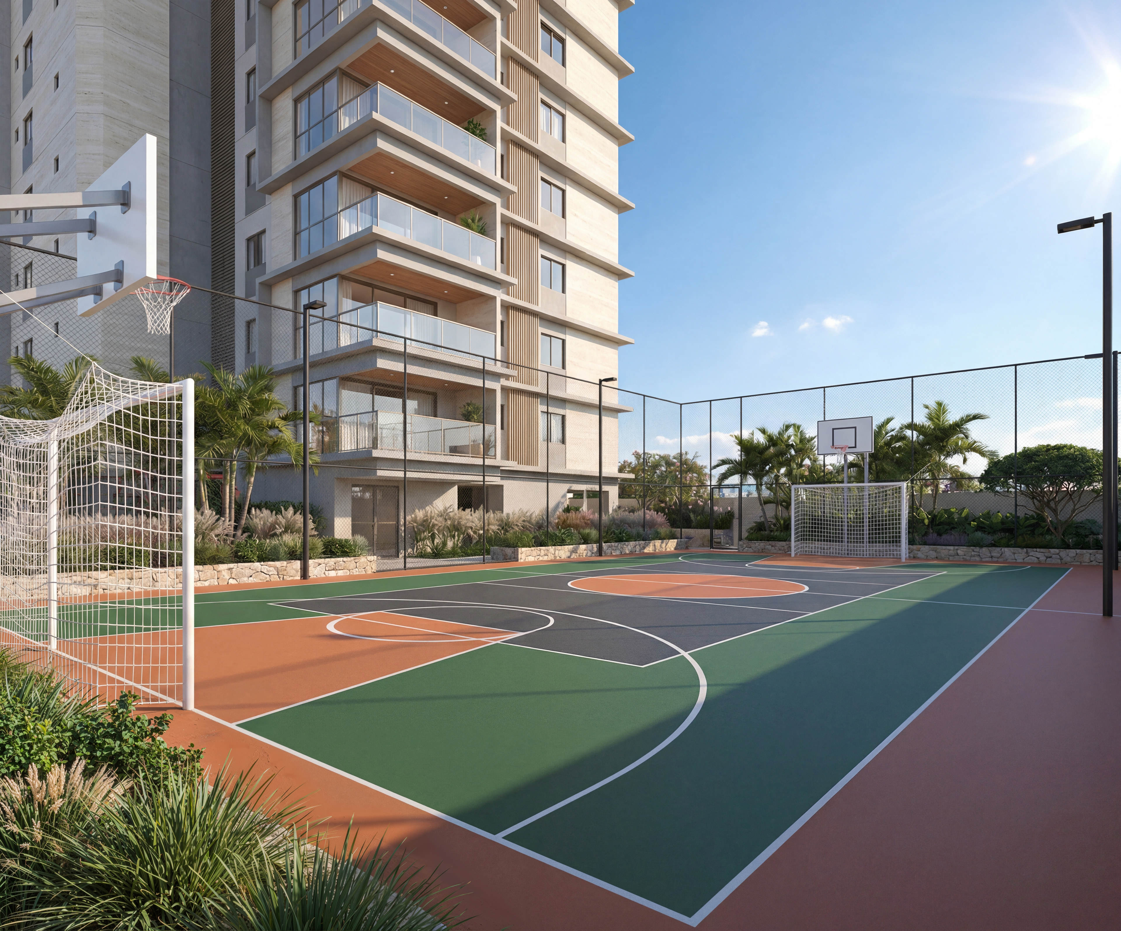 Maquete eletrônica de quadra poliesportiva em condomínio residencial com pintura epóxi, tabelas de basquete, traves de futebol e fachada de edifício ao fundo | Studio BeRender