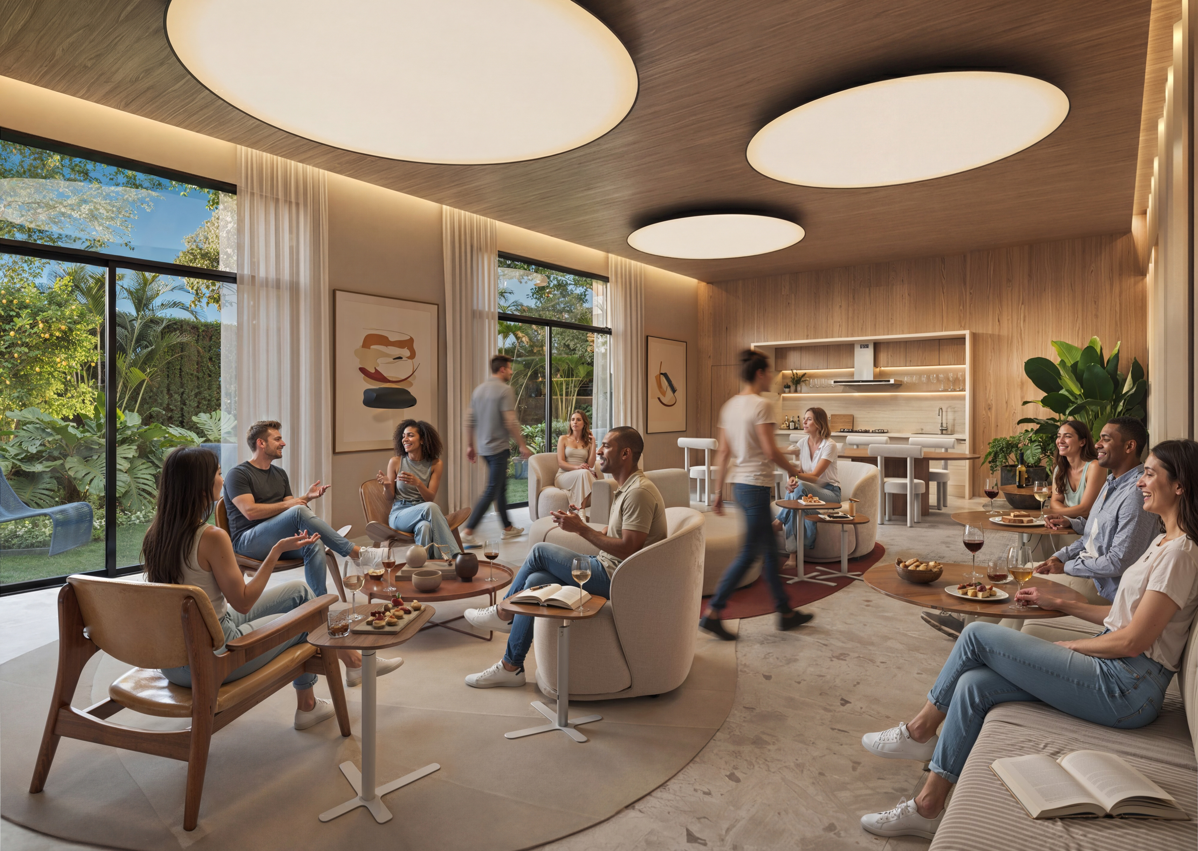 Maquete eletrônica de salão de festas de luxo com design biofílico, iluminação circular embutida e pessoas interagindo - Lumina Sea View Itapema | Studio BeRender