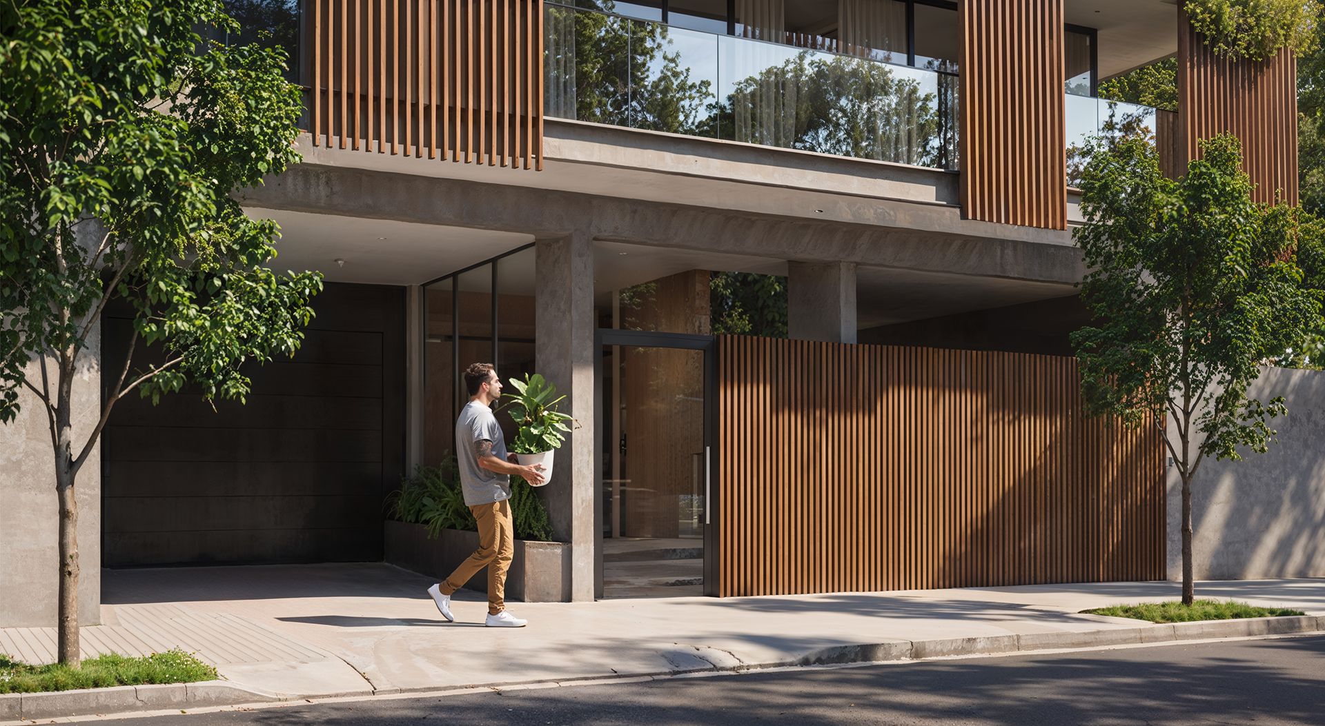 Renderização 3D de entrada de prédio residencial de luxo com portaria, brises de madeira e morador - Residencial RJ | Studio BeRender