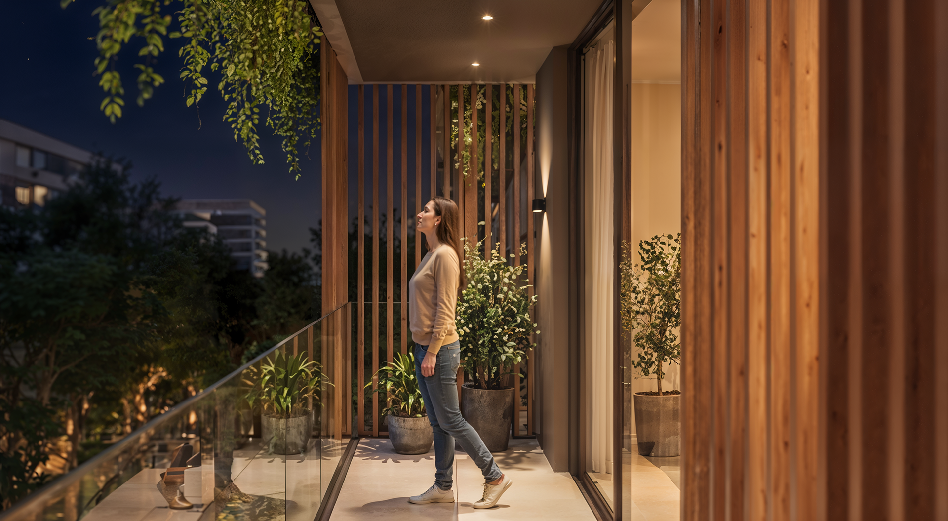 Maquete eletrônica de interior de sala de estar integrada à varanda à noite com mulher caminhando - Residencial RJ | Studio BeRender