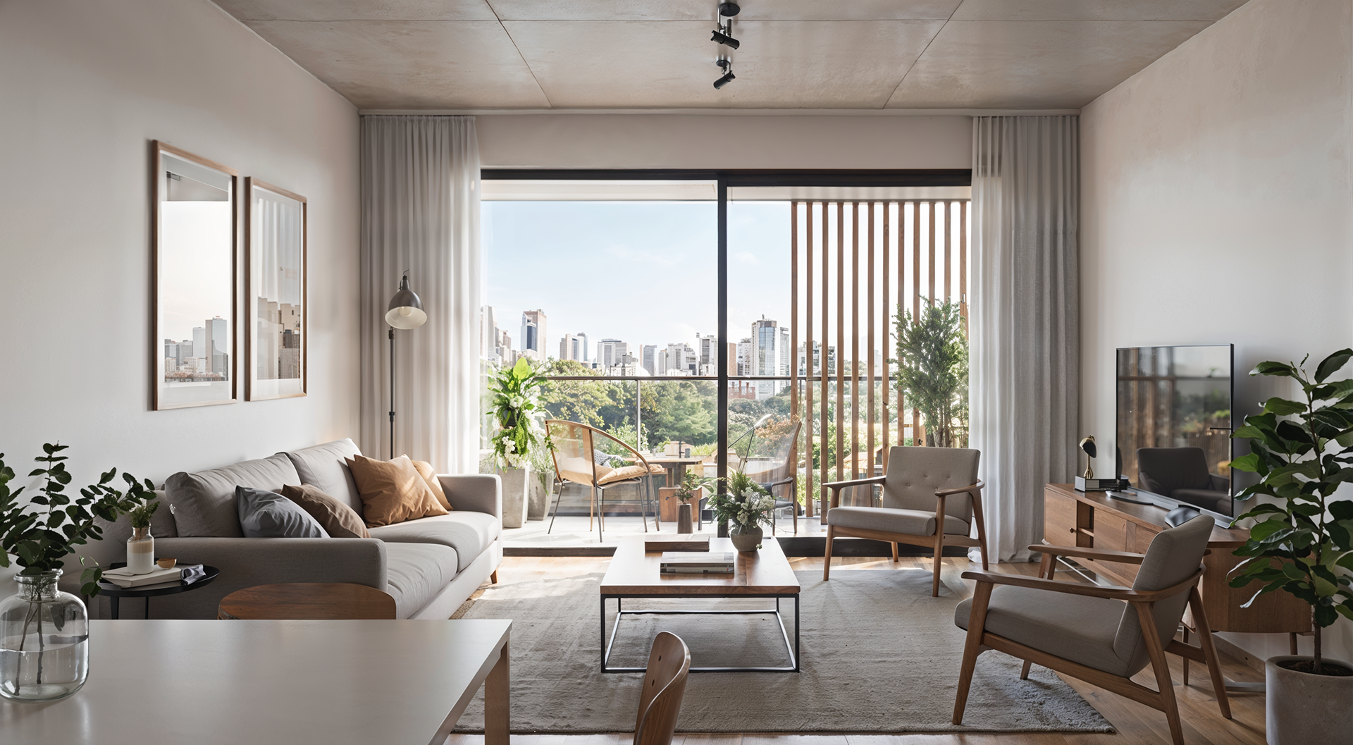 Maquete eletrônica de interior de sala de estar clara integrada à varanda com vista para a cidade - Residencial RJ | Studio BeRender