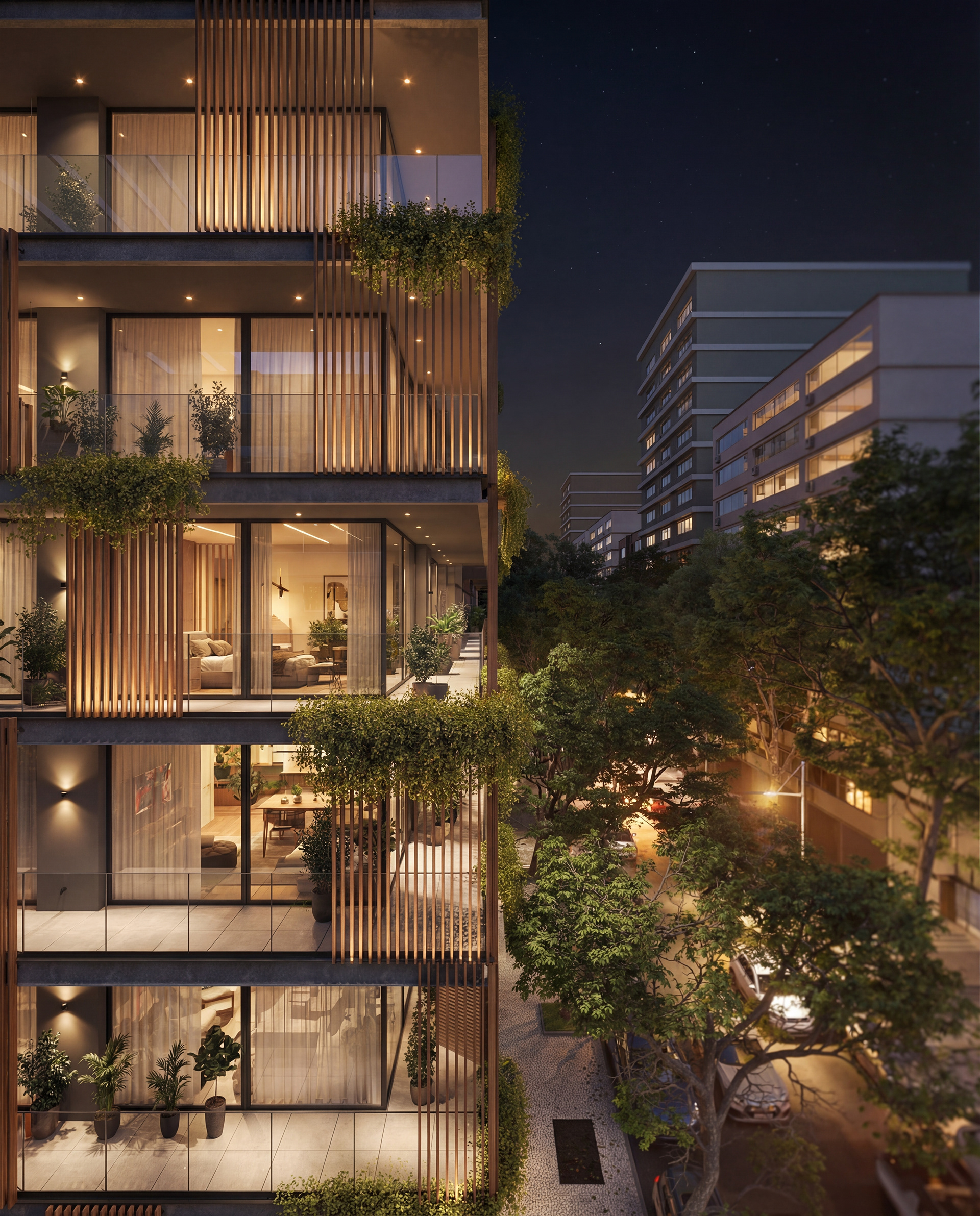 Renderização 3D de fachada de edifício de luxo iluminada à noite com brises verticais em madeira - Residencial RJ | Studio BeRender