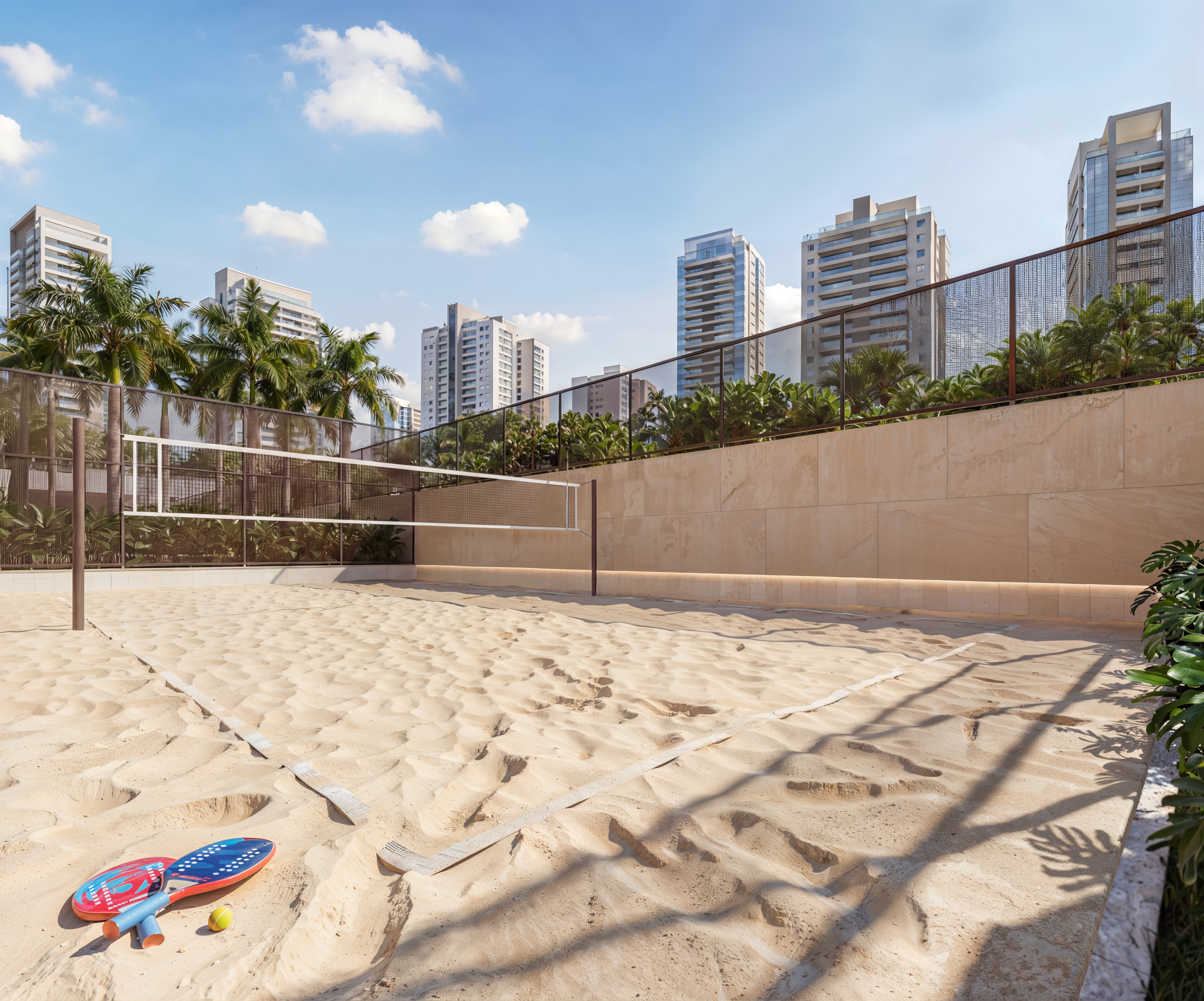 Maquete eletrônica de quadra de beach tennis em condomínio de luxo com areia clara, redes e prédios ao fundo - Lumina Sea View Itapema | Studio BeRender