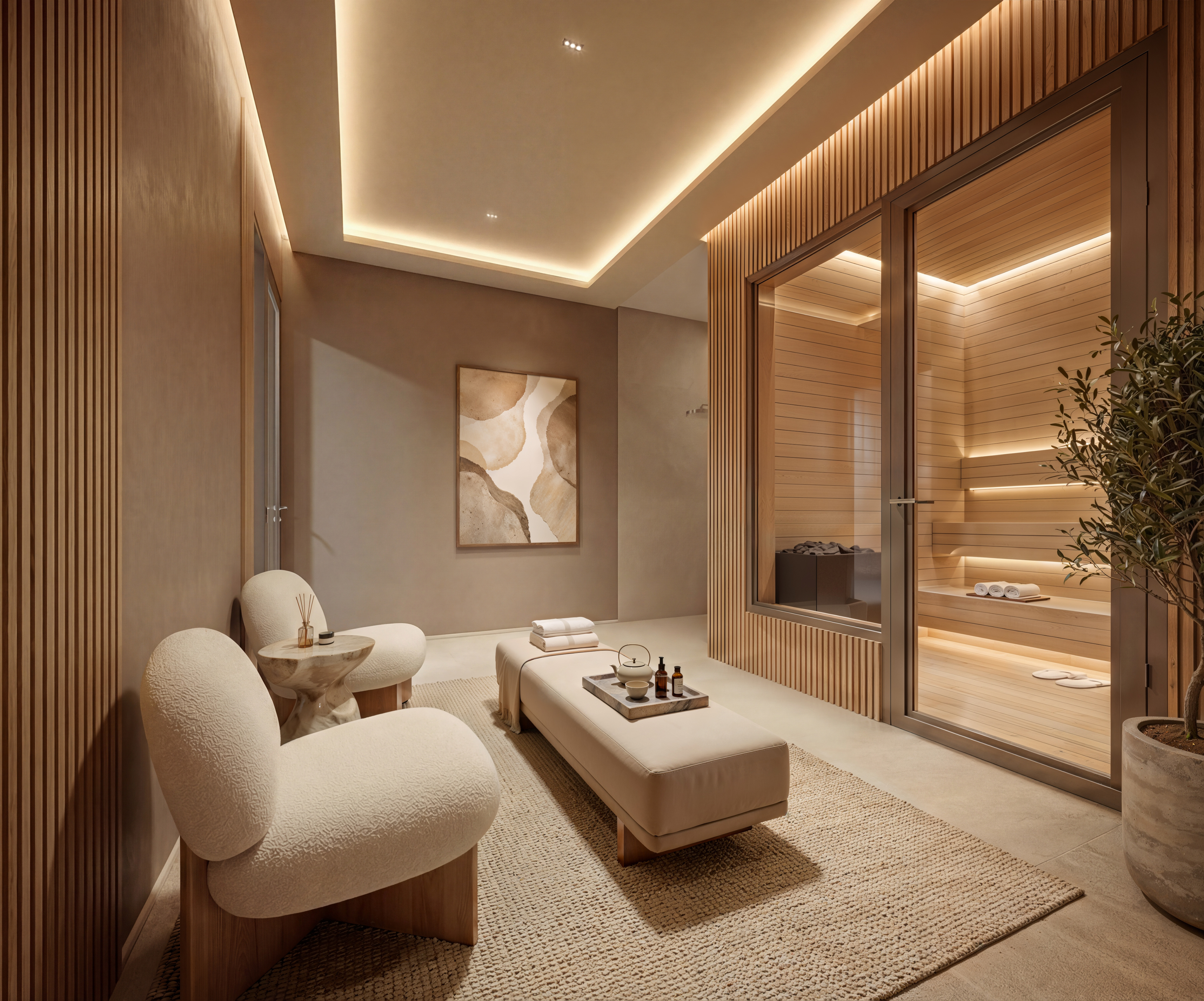 Visualização 3D de área de relaxamento com sauna seca envidraçada, poltronas bouclé e iluminação quente - Lumina Sea View Itapema | Studio BeRender