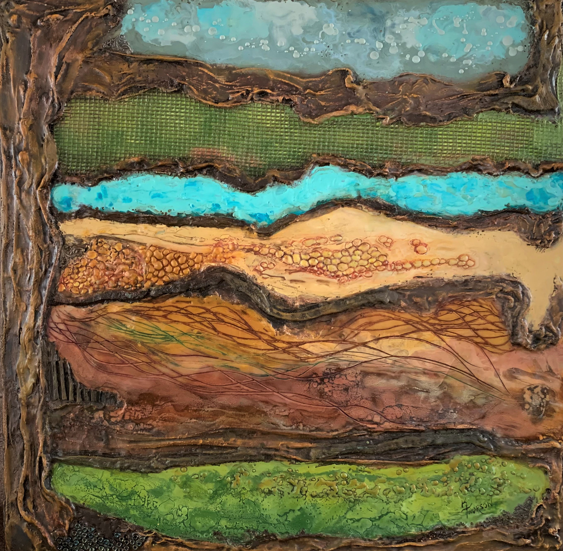 Landfolds 24"x24" encaustic/multimedia