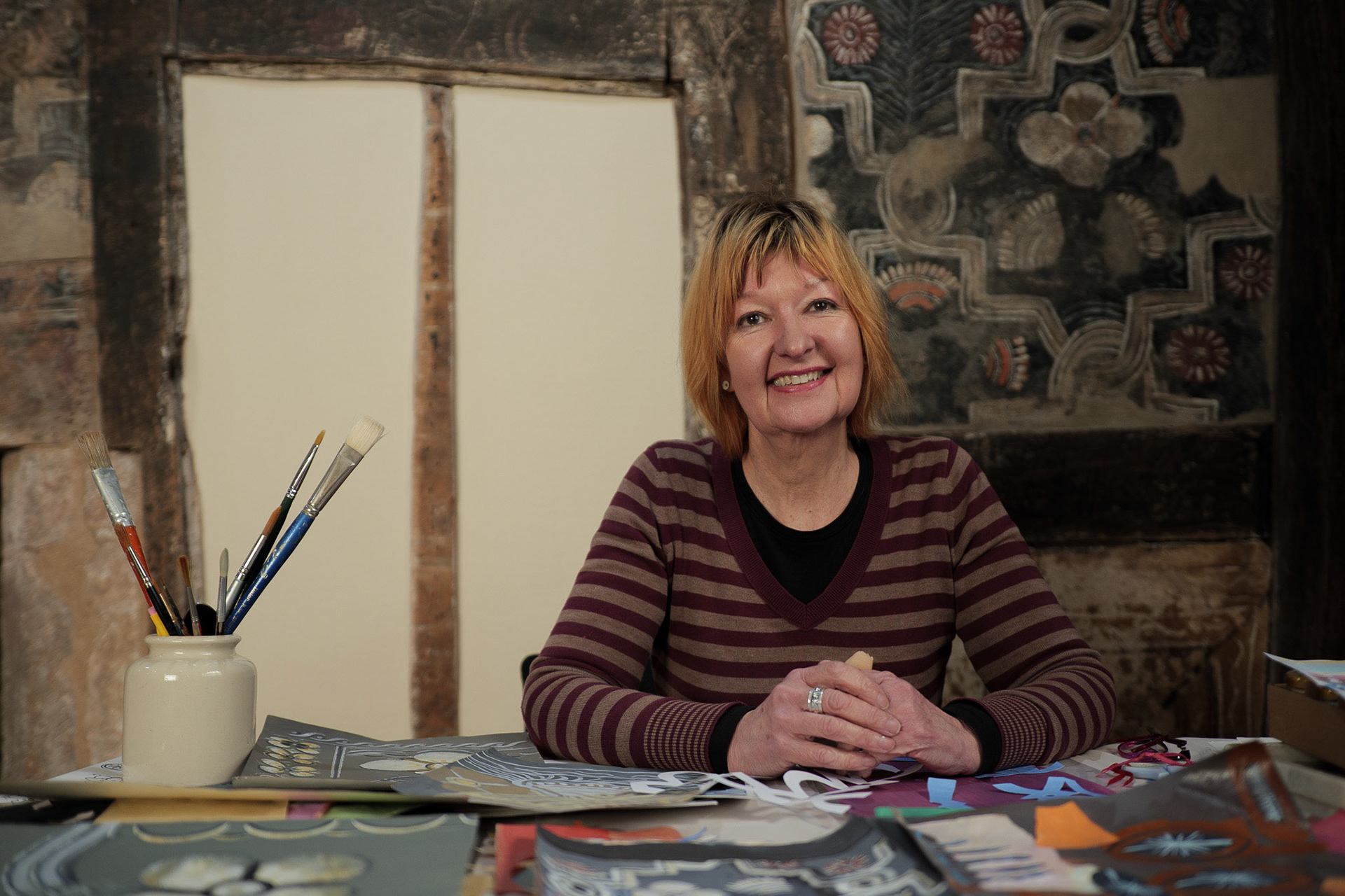Artist in Residence Jeanette McCulloch at the 16th Century Painted Room in Ledbury.
