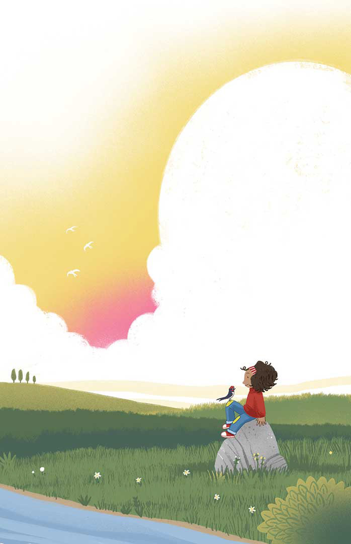 Illustration of a girl talking to a bird.