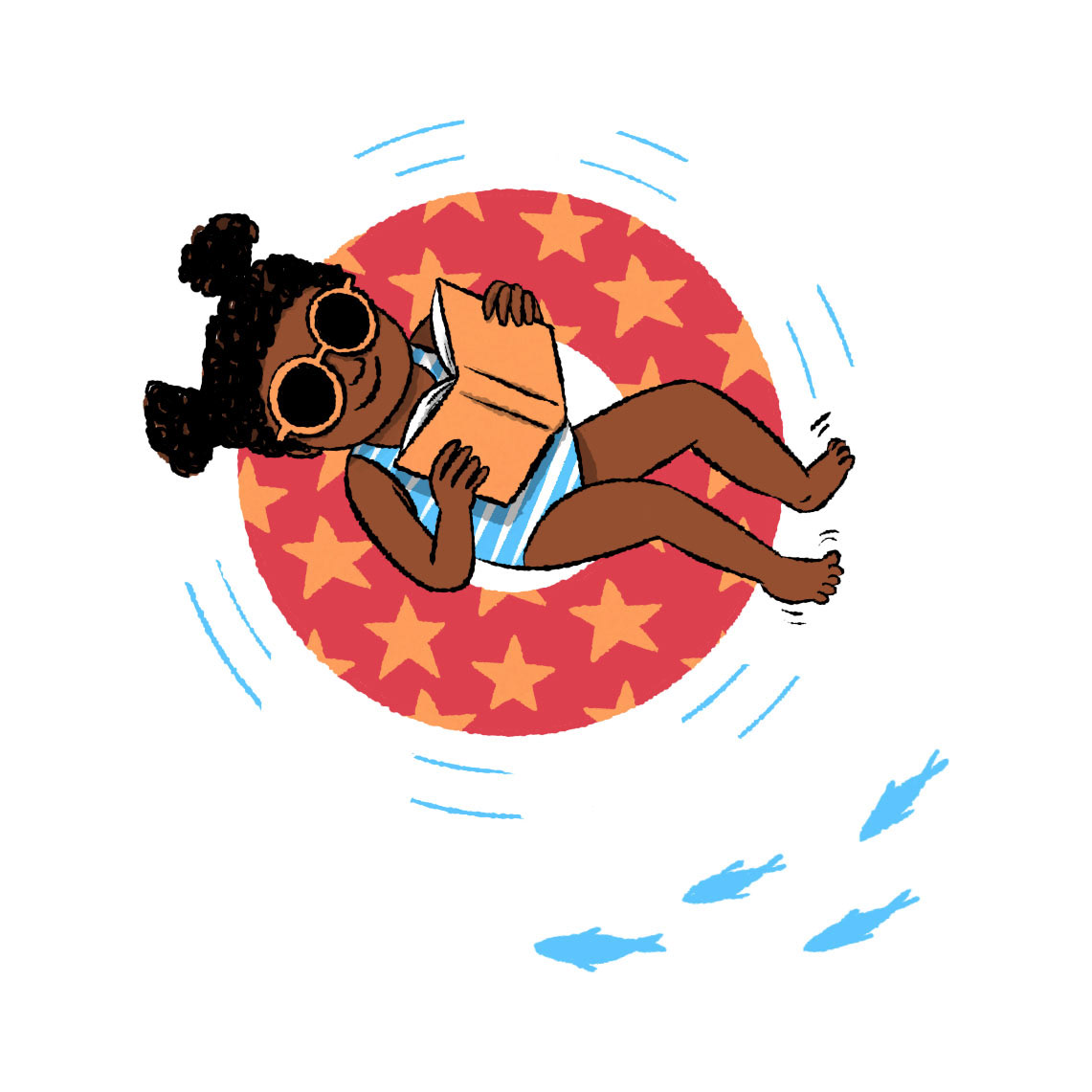 Illustration of a black girl reading a book on a pool float