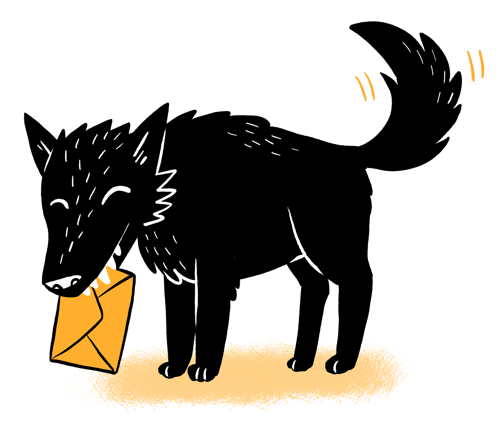 Ilustración de un lobo amigable con un sobre en la boca / Illustration of a friendly wolf holding a letter with his mouth