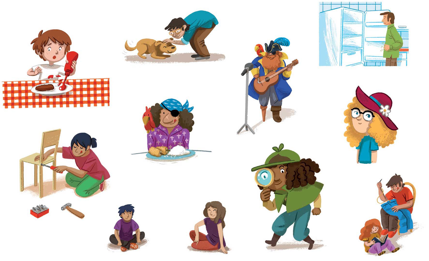 Ilustraciones de personajes para libro de texto.