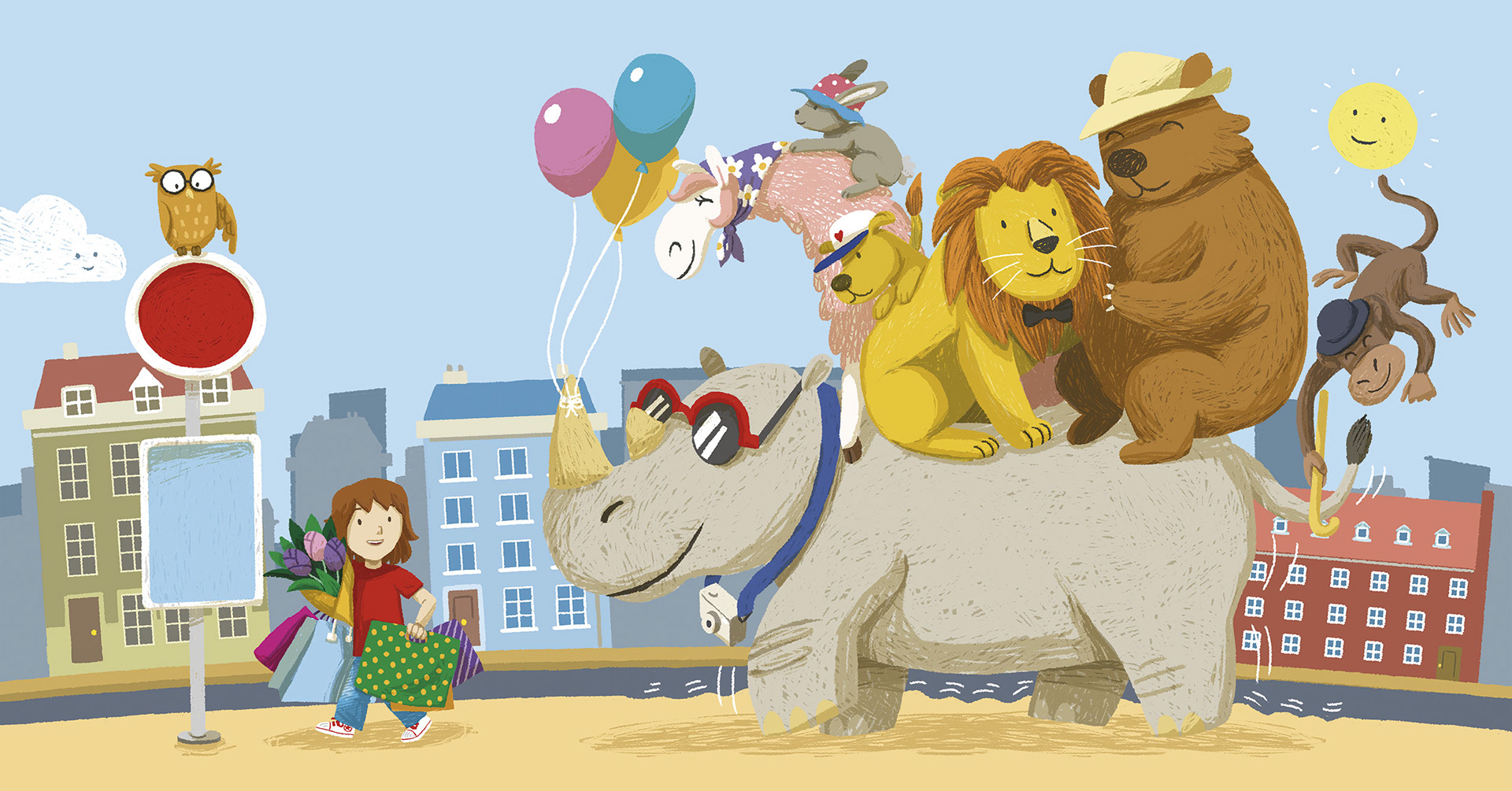 Illustration of a boy and some animals waiting at a bus stop in London