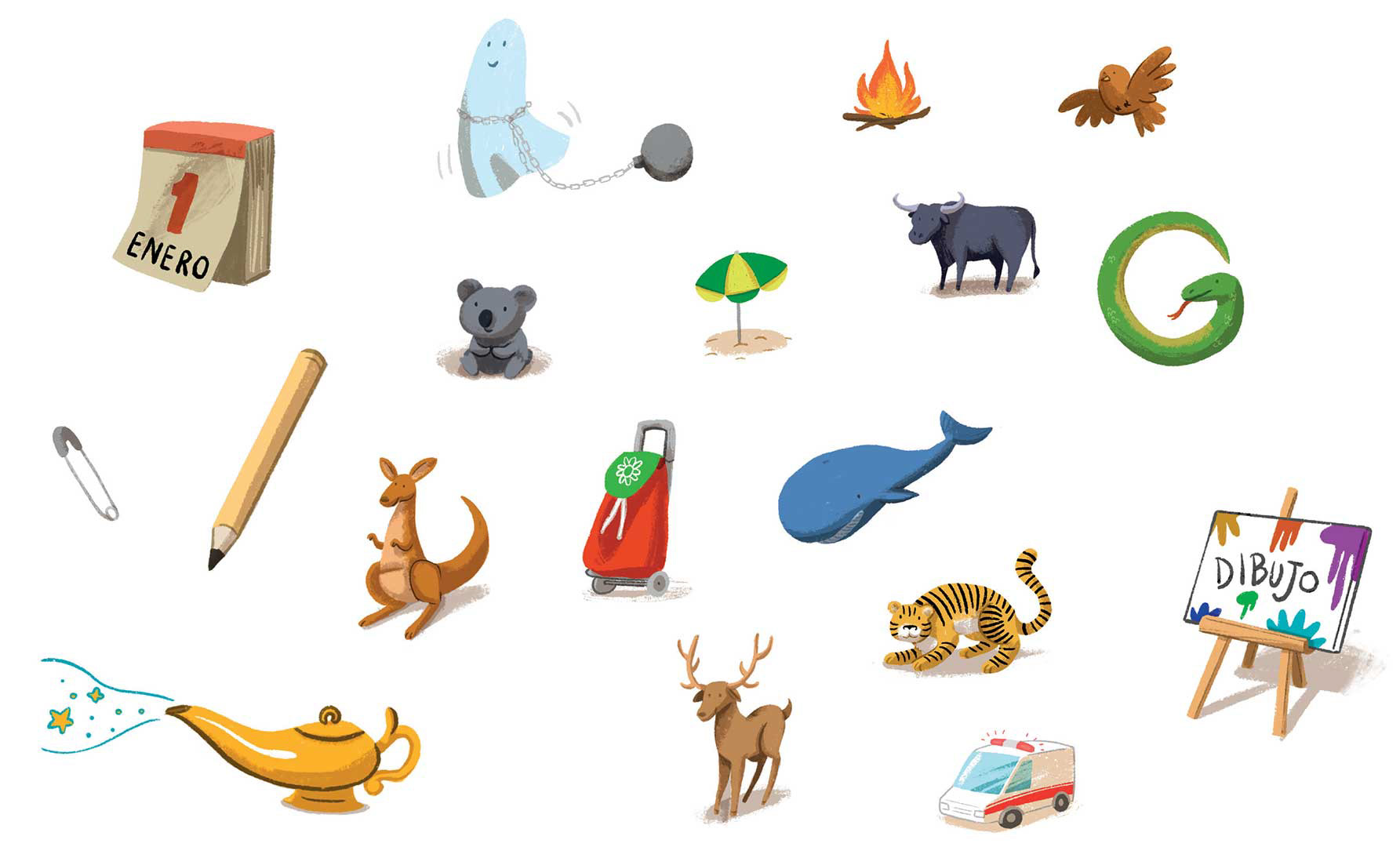 Ilustraciones de animales y objetos para libro de texto.