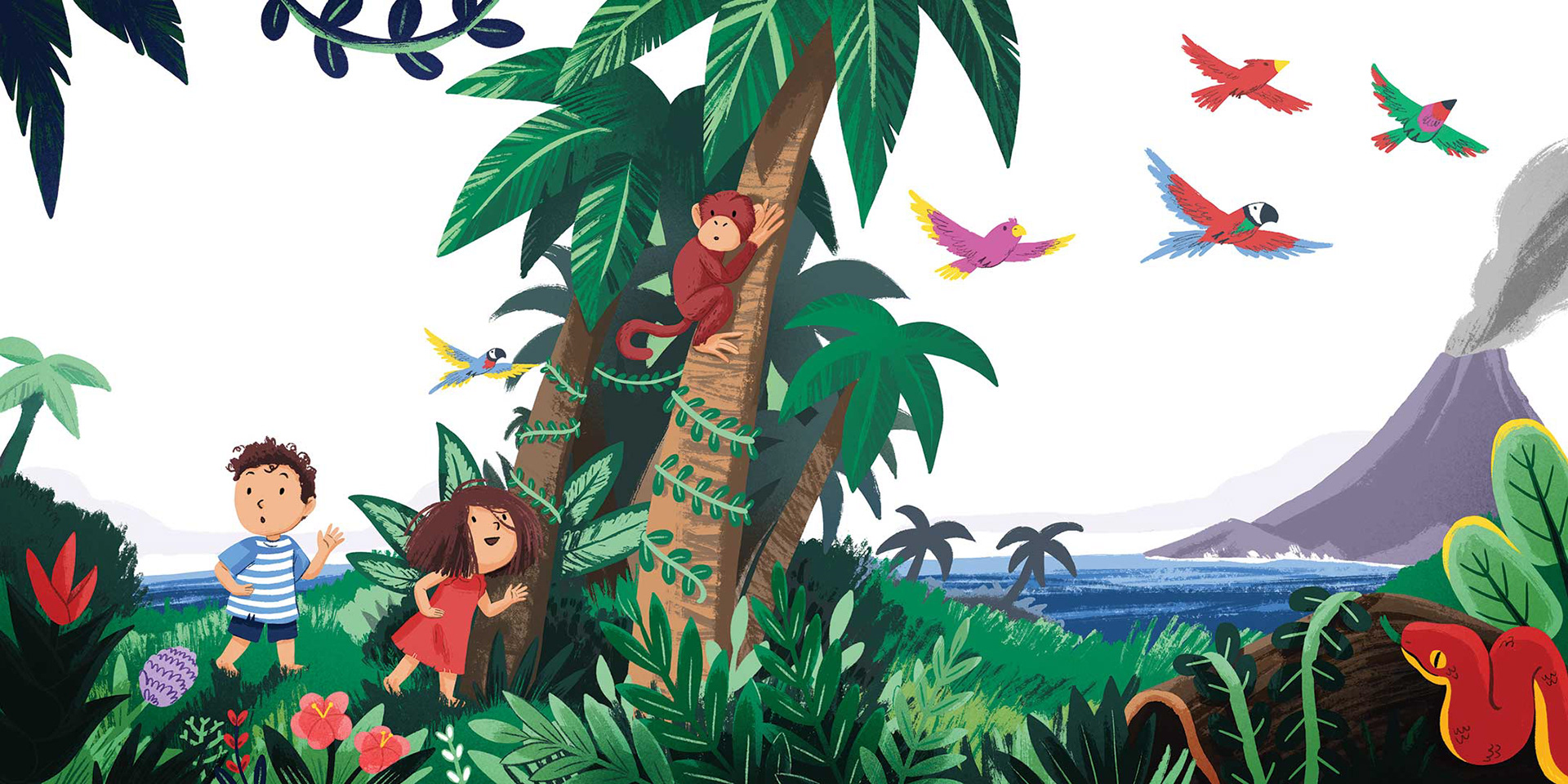 Ilustración de dos niños en la jungla.