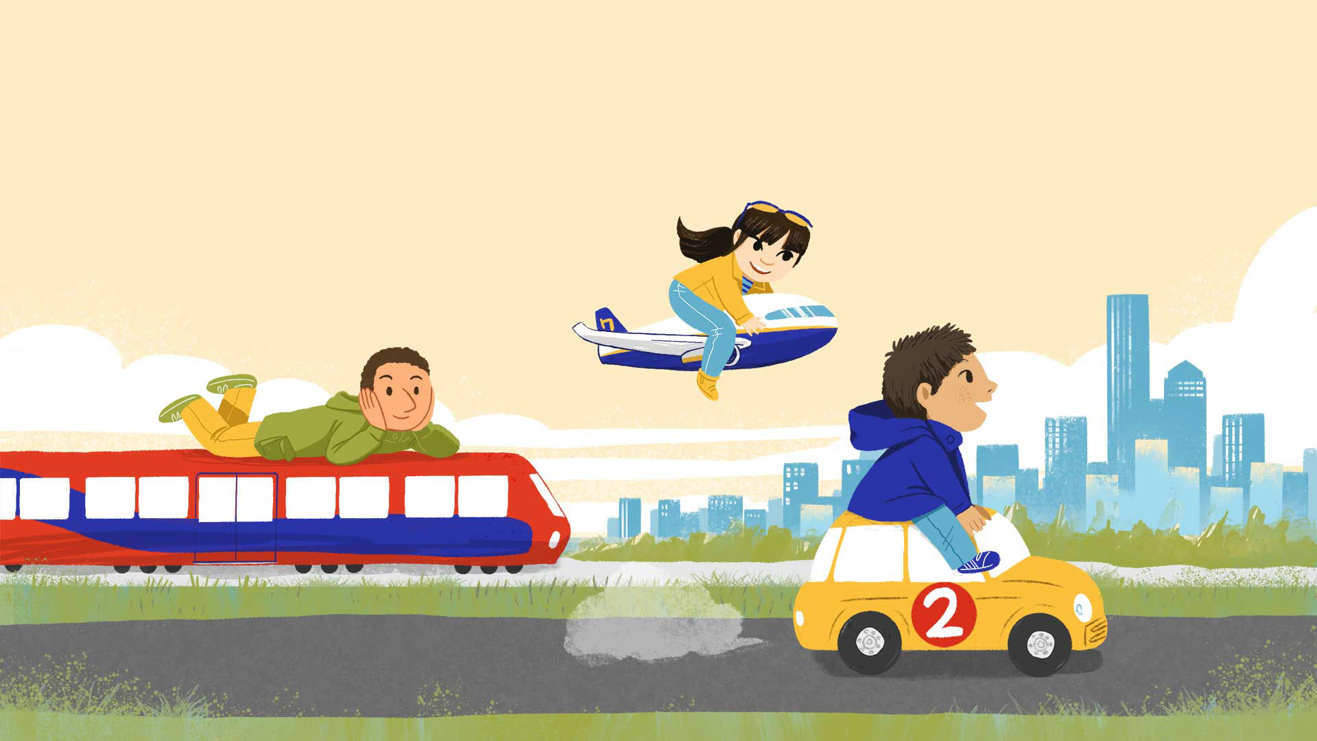 Ilustración infantil ambientada en Londres. Una familia avanza en coche, tren y avión. Cinta Villalobos
