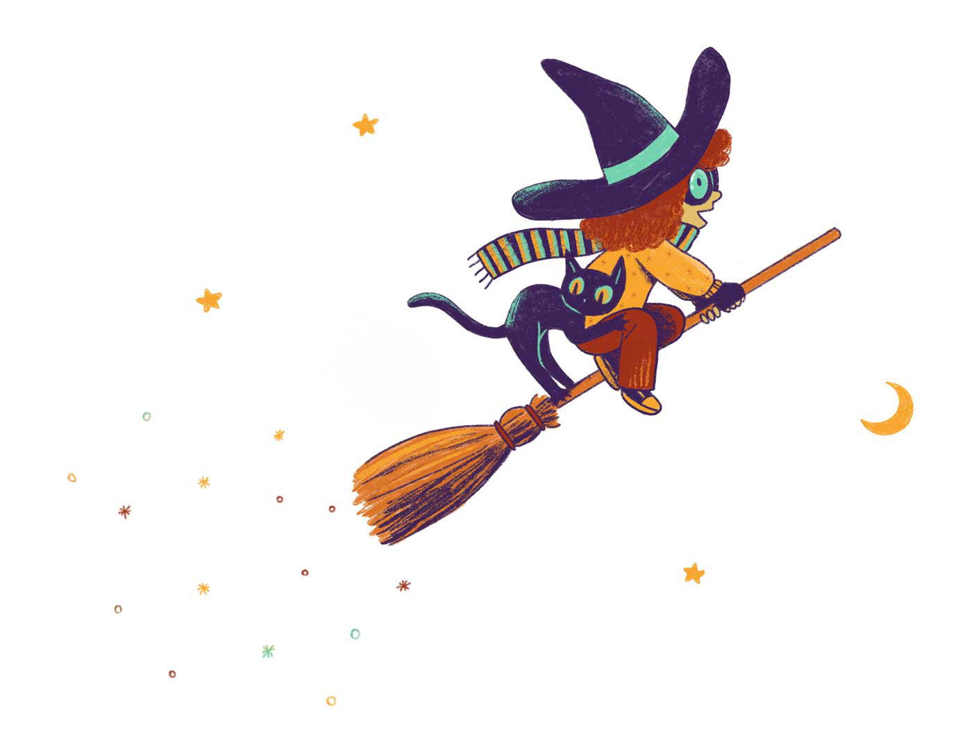 Ilustración de niña bruja volando en escoba con su gato. Hecha por Cinta Villalobos.