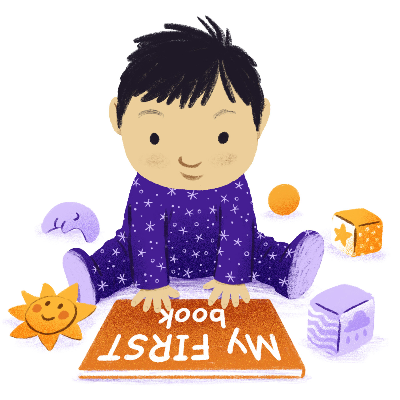 Ilustración digital para libro infantil de un bebé mirando su primer libro / Kid's book illustration of a toddler with his first book