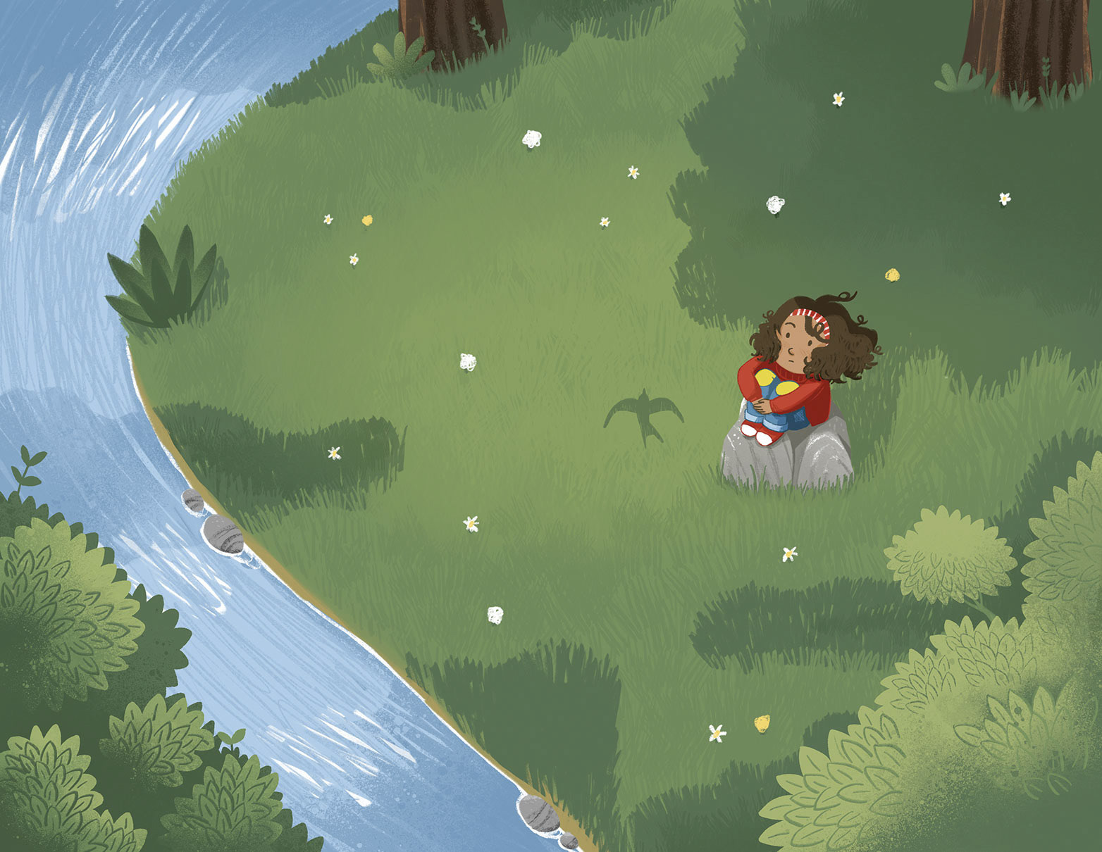 Ilustración para doble página de libro infantil ("Casilda y el pájaro viajero", Anaya).