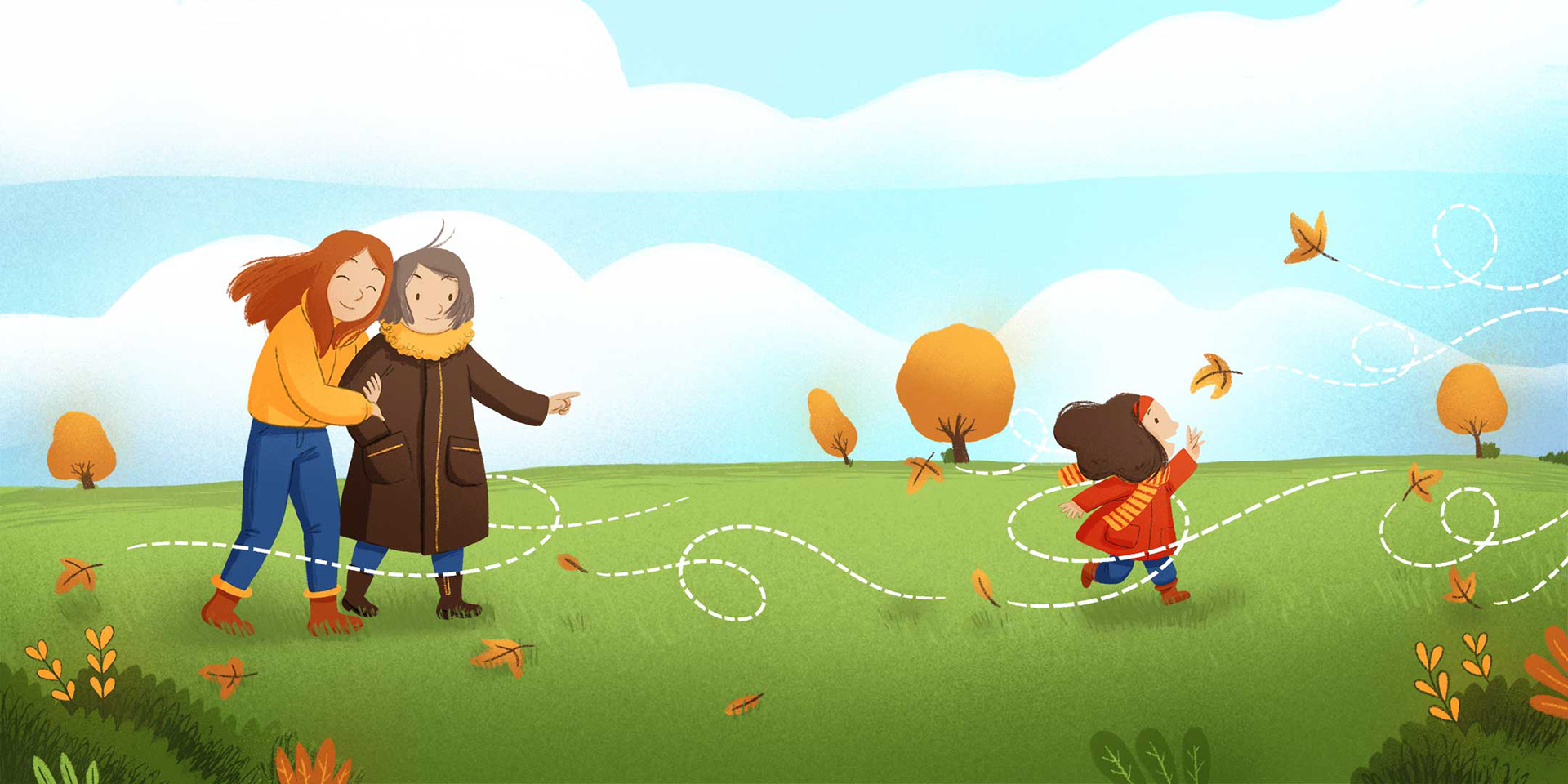Una niña, su madre y su abuela pasean en un parque en otoño. Ilustración para libro infantil hecha por Cinta Villalobos.