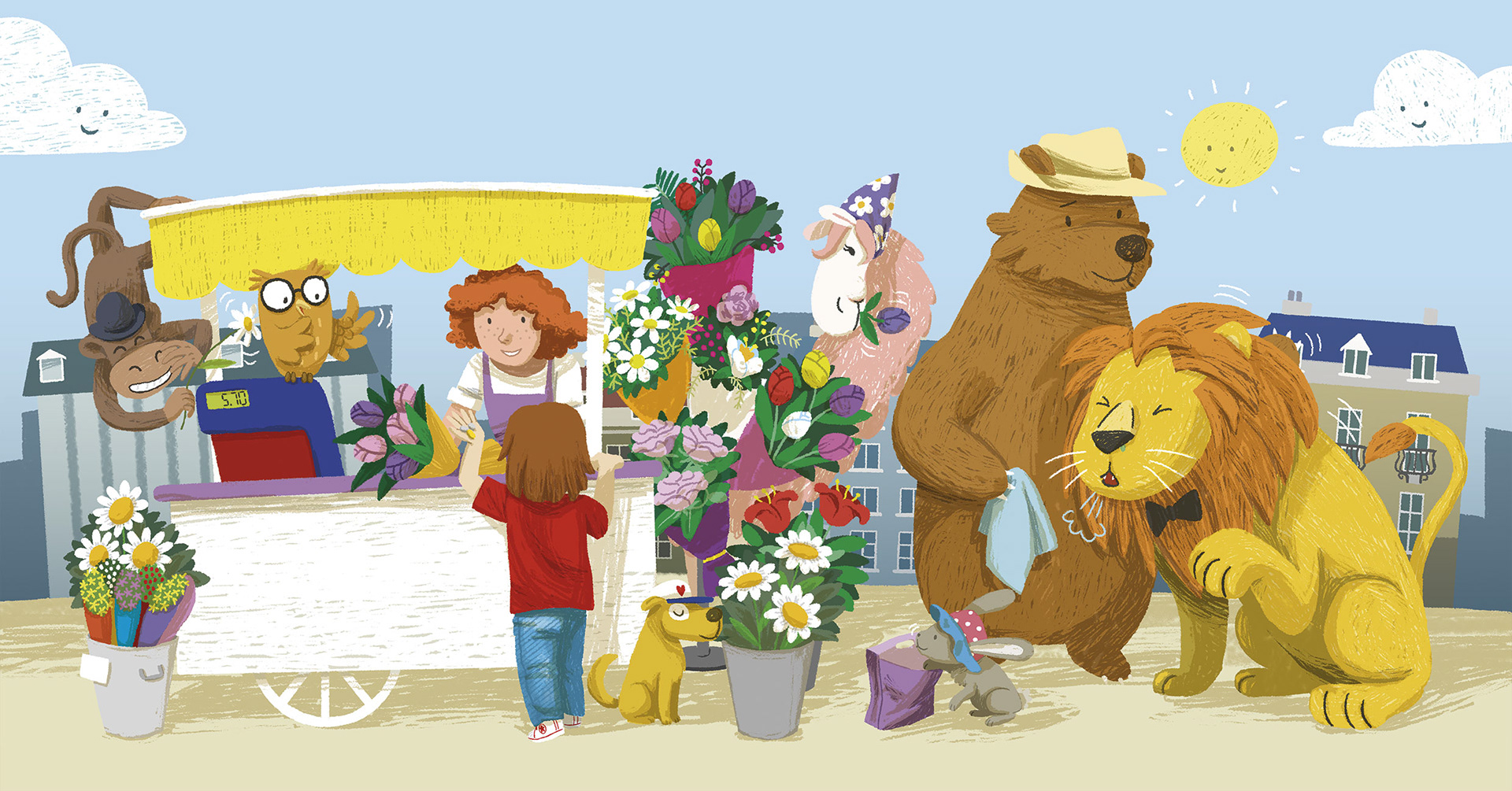 Illustration of a boy buying flowers, illustration for a picture book