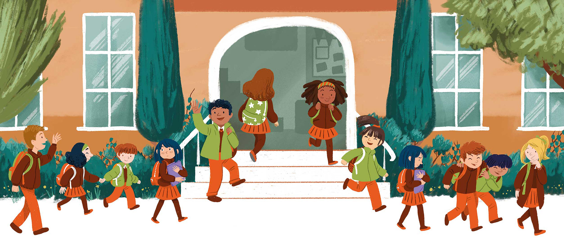 Ilustracion de niños entrando y saliendo de la escuela, hecha por Cinta Villalobos, ilustradora de Barcelona.