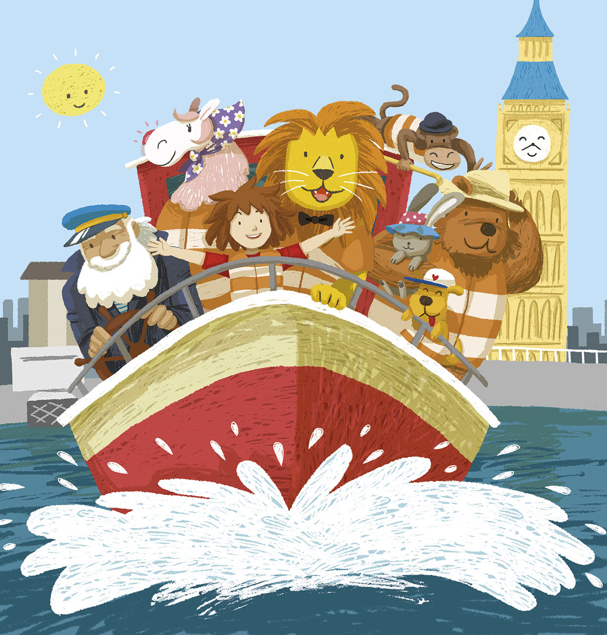 Illustration of a boy and his animal friends in a boat in London, close to the Big Ben