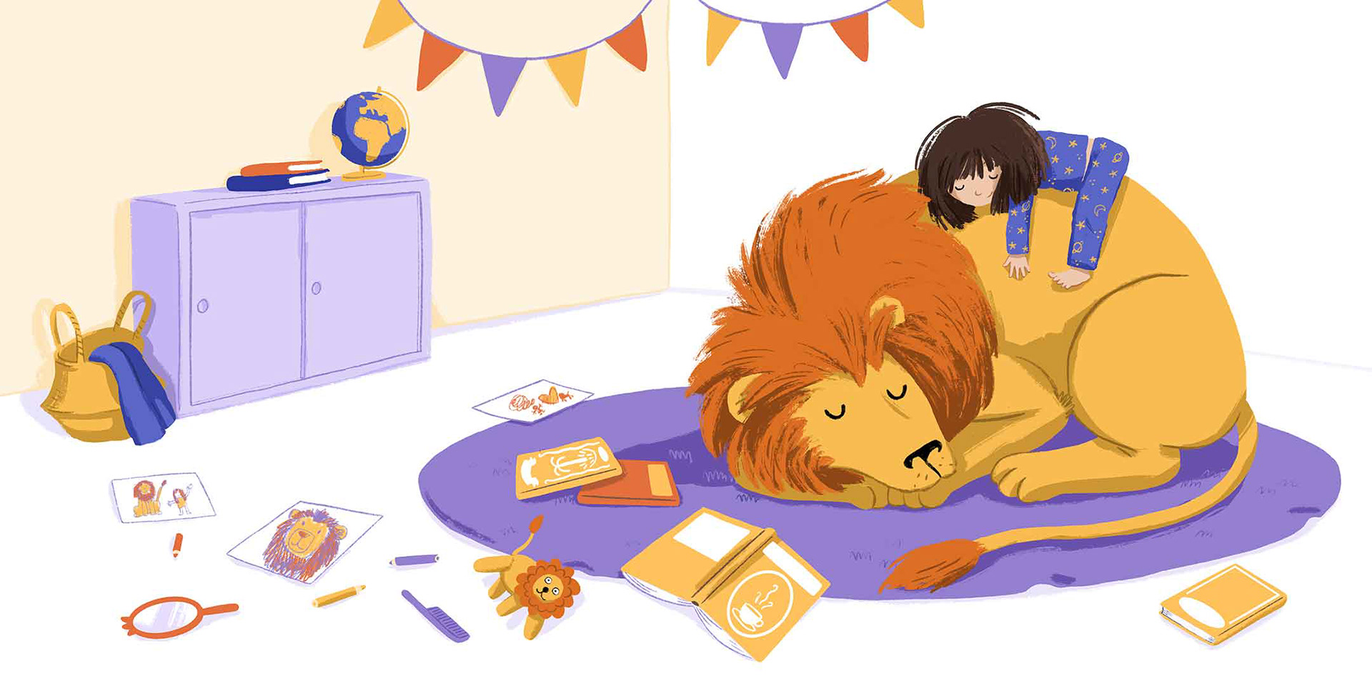 Una niña duerme tranquilamente con su león
